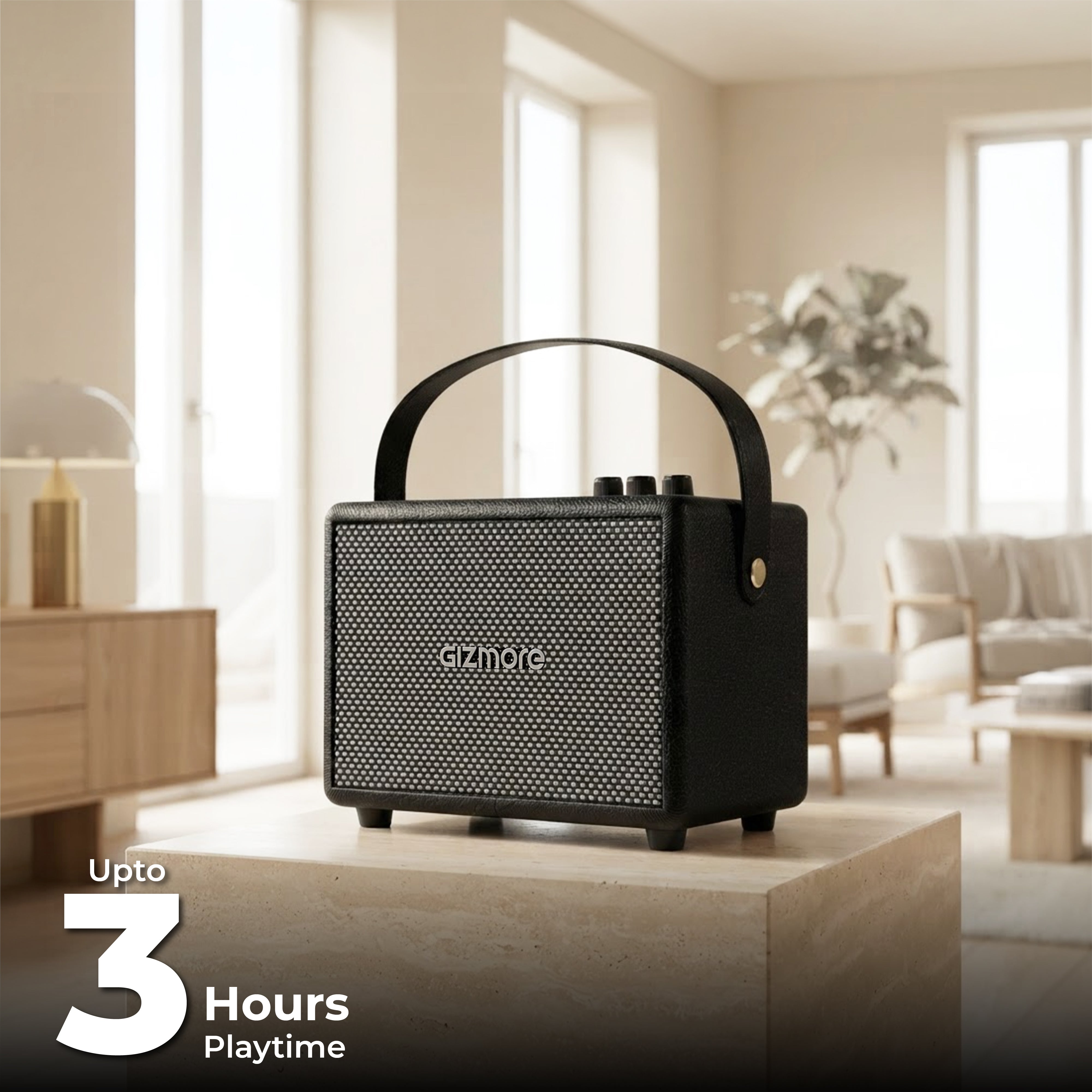 GIZMORE BEAT LUXE 30W RMS Bluetooth Speaker with Premium Wooden & Vegan Leather Finish, Portable Design, Up to 3 Hours Playtime, TWS Dual Pairing, Multi-Control Knobs, Carrying Strap