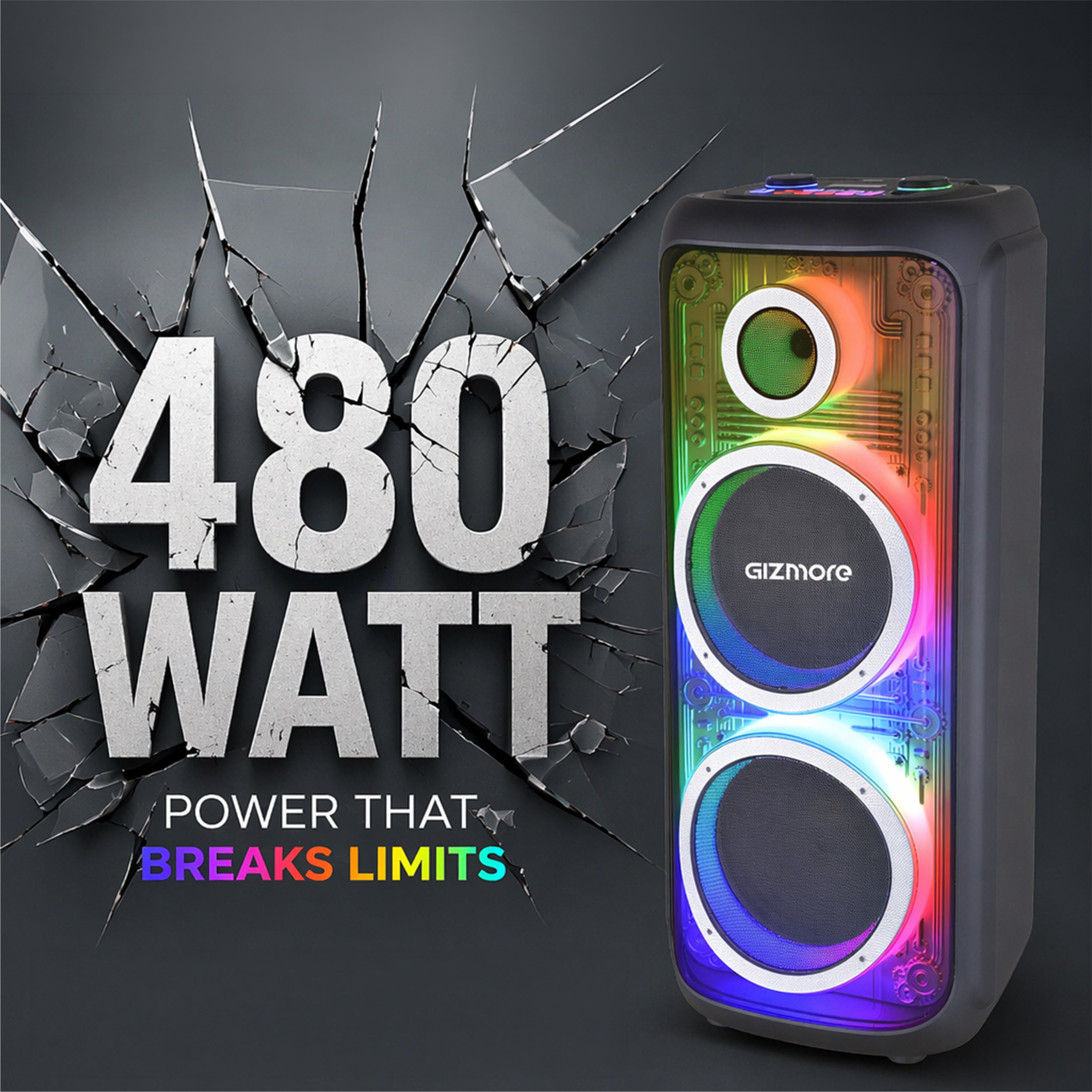 GIZMORE T400 MEGATRON 480W RMS Party Speaker with Dual Wireless Mics, RGB Spectrum Lights, Visible Acoustics, 8 Hours Playtime, TWS Function, Bluetooth/USB/AUX Connectivity