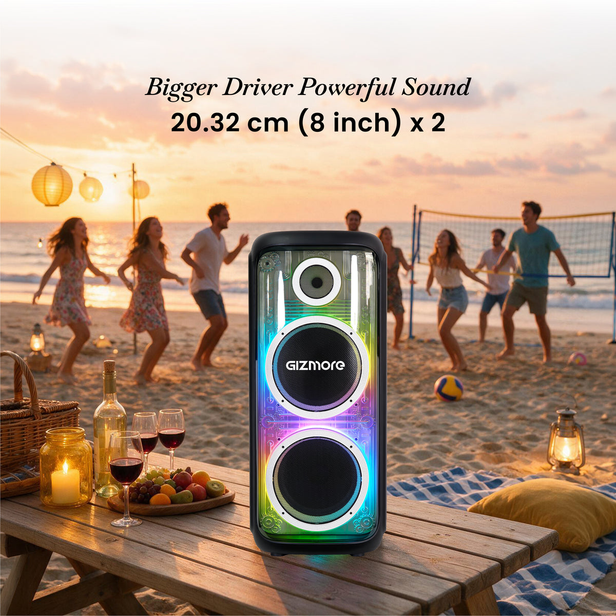 GIZMORE T220 MEGATRON 280W RMS Party Speaker with Dual Wireless Microphones, RGB Spectrum Lights, Visible Acoustic Design, Up to 5 Hours Playtime, TWS, Bluetooth, USB & AUX Connectivity
