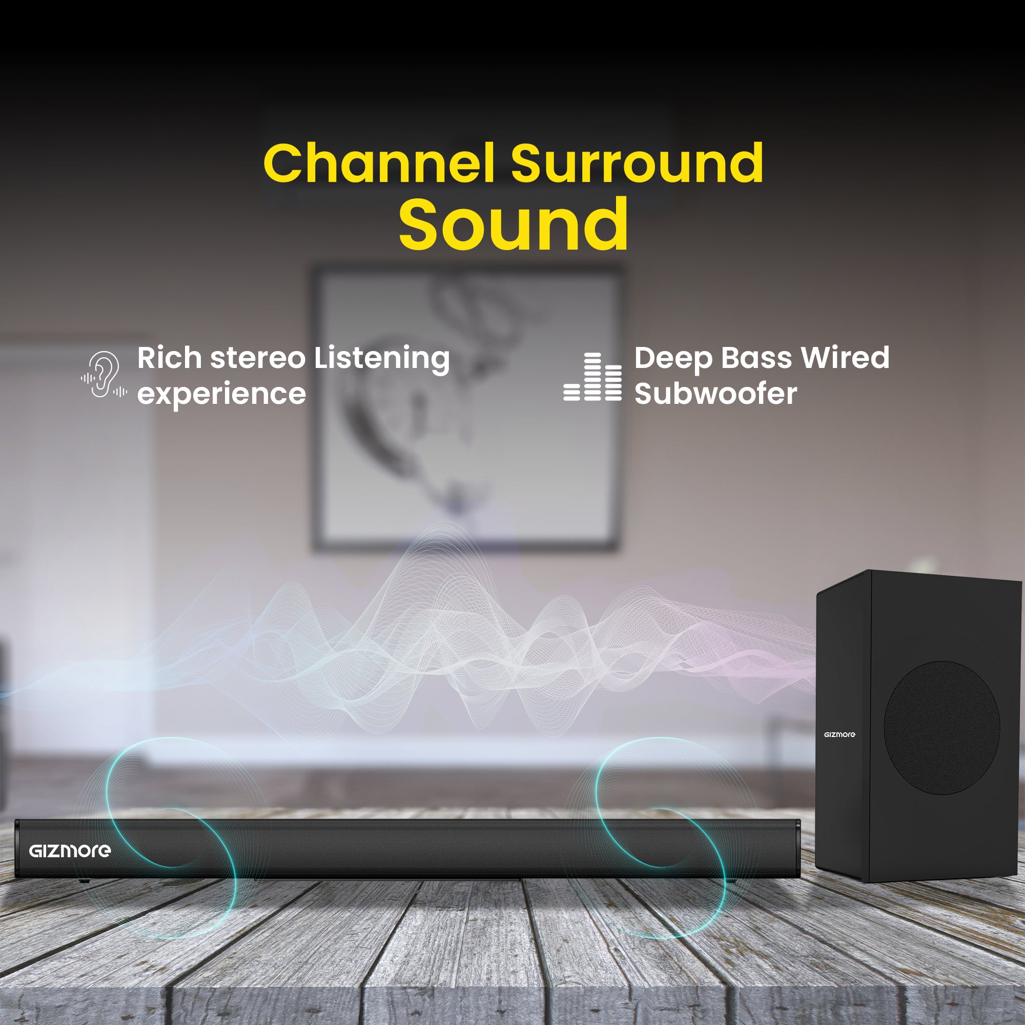 GIZMORE GIZBAR 200 2.1 Channel Wired Soundbar with Subwoofer, HDMI(ARC), AUX, Optical, USB, Bluetooth, Slim Design, 3 EQ Modes, Surround Sound & Thunderous Bass