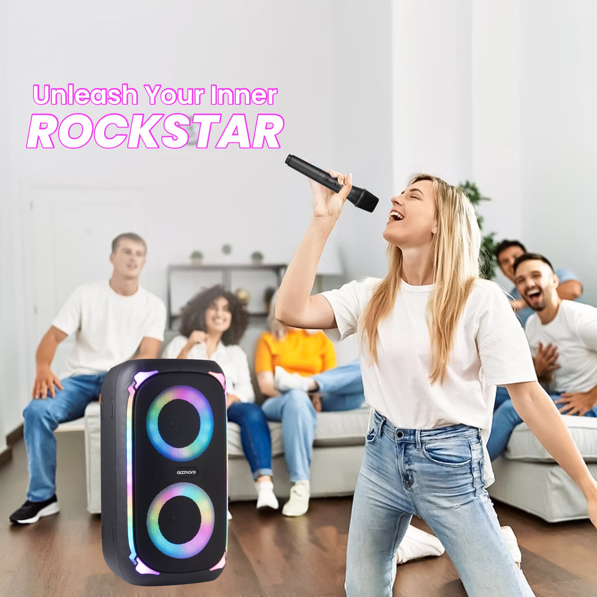 GIZ T100 Thunder Storm Bluetooth Speaker 50W, 4x2 Inch Drivers, Wireless Mic, RGB Lights, TWS Pairing, Multi Connectivity (BT/USB/AUX/TF), LED Display – Powerful Bass Party Speaker
