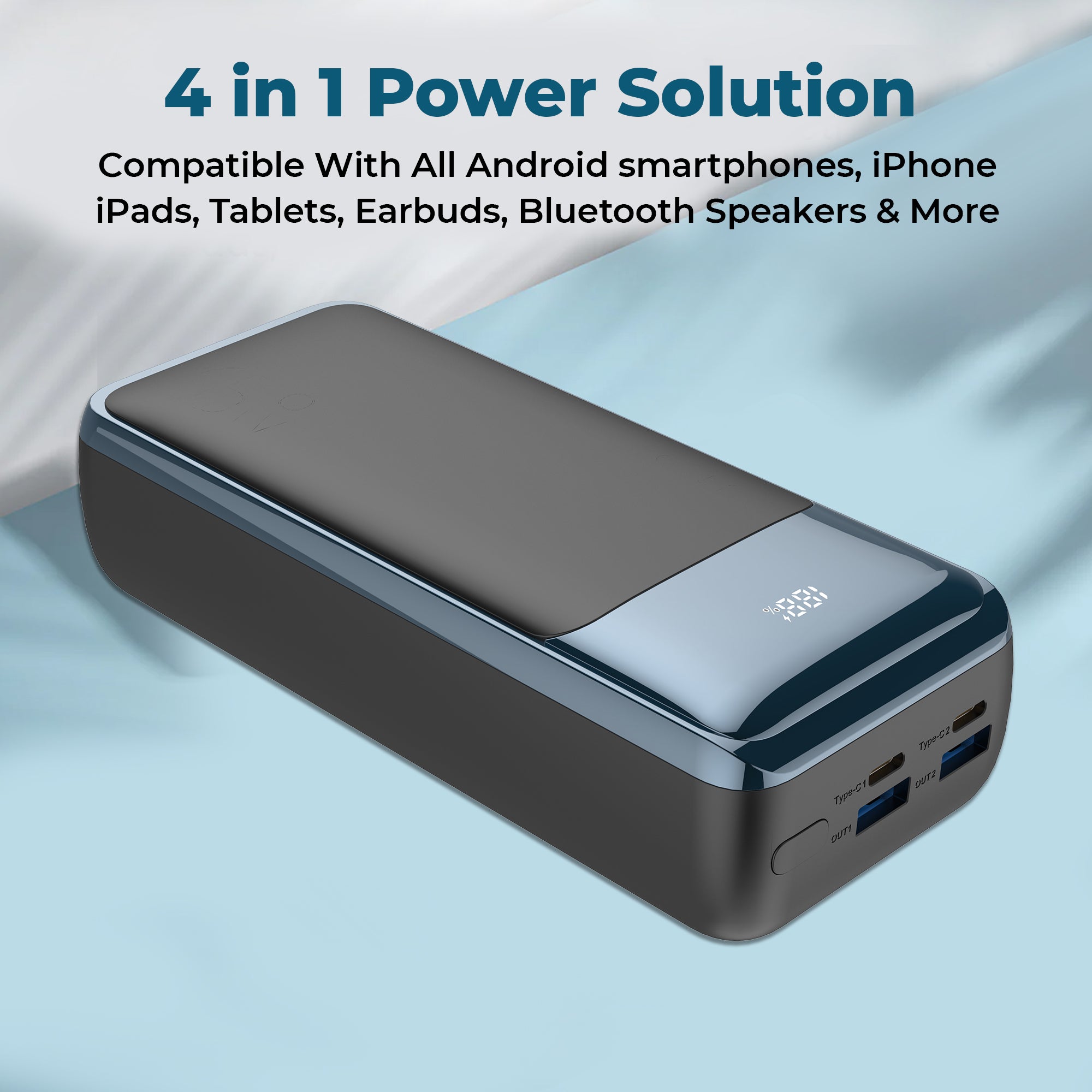 GIZMORE PD65KP Rapid Charge 30000mAh Power Bank – 4 Power Output PORT, 65W PD Type C, 18W USB Fast Charging, supports laptop charging, Premium Build, – Metallic Crome Finish, with digital display, Low Power Consumption.