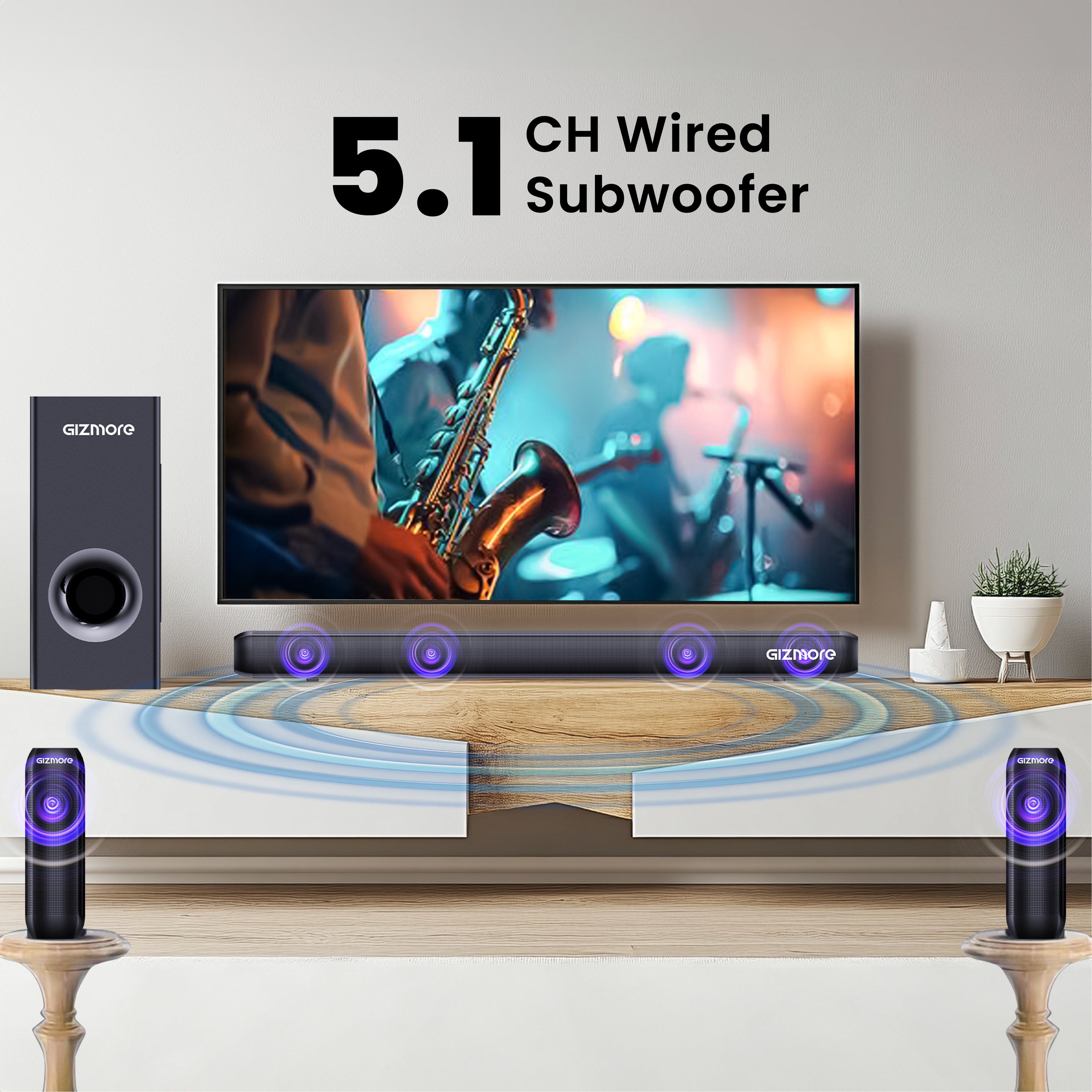 GIZBAR 320 Wired 5.1 Channel Soundbar with Subwoofer, 320W Audio Output, HDMI ARC, Optical, USB & AUX Connectivity, Multiple EQ Modes (Movie, Music, 3D, Sports)