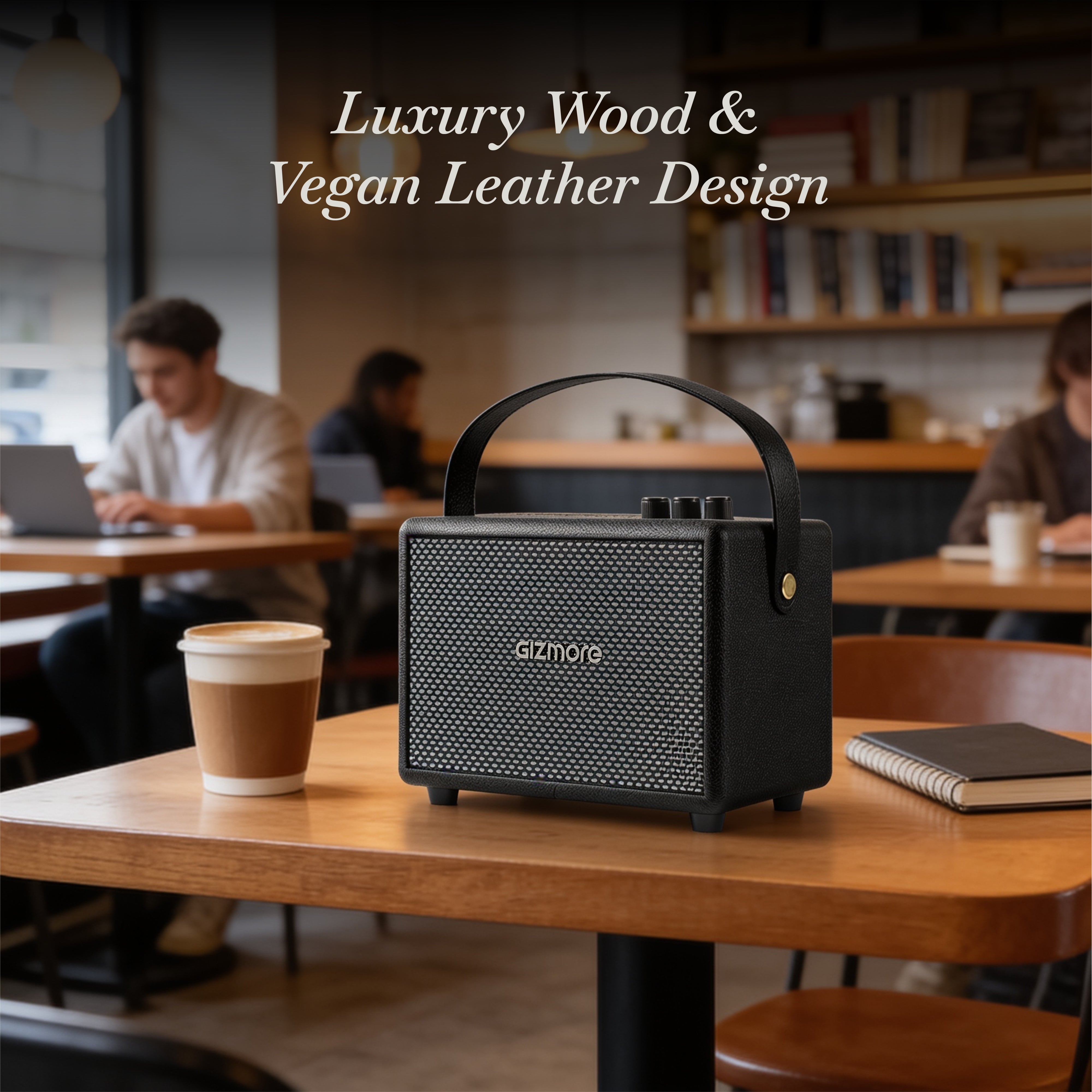 GIZMORE BEAT LUXE 30W RMS Bluetooth Speaker with Premium Wooden & Vegan Leather Finish, Portable Design, Up to 3 Hours Playtime, TWS Dual Pairing, Multi-Control Knobs, Carrying Strap