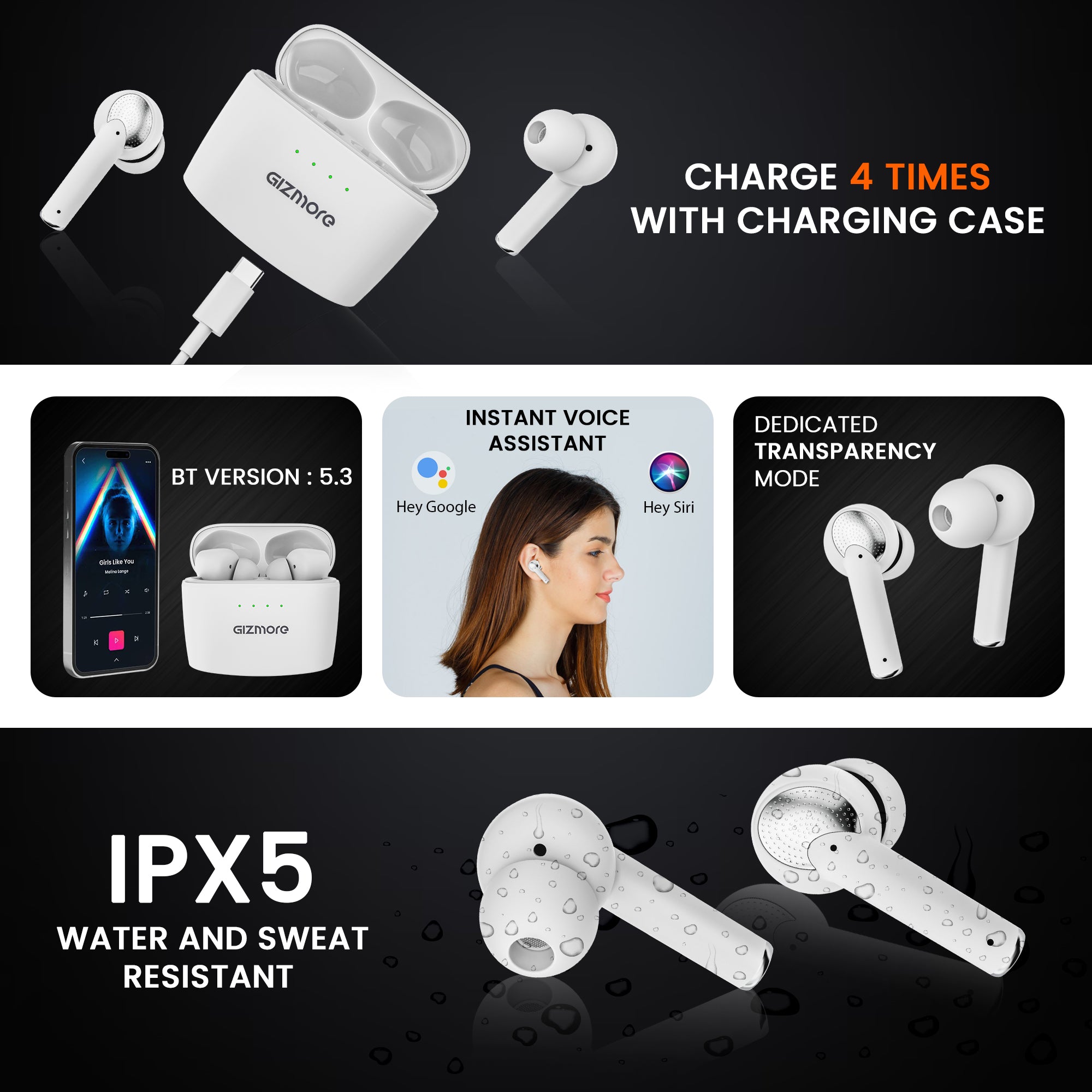 GIZMORE ELITE 852 ANC with 36dB Type-C Fast Charging TWS