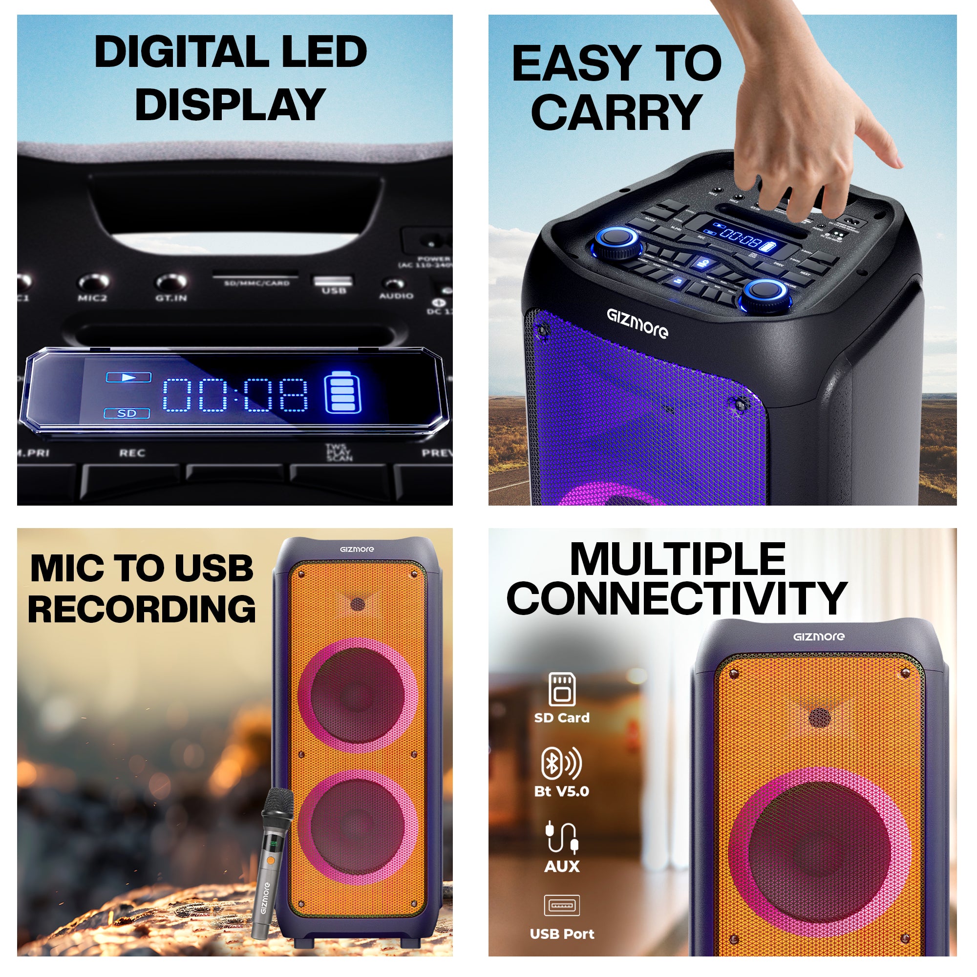 GIZMORE THUNDER DJ 400W T400 Party Speaker with Dual UHF Wireless Mic, 8 Hours Playtime, Guitar Connectivity, Mic to USB Recording, Digital LED Display, Smart Control Equalizer Mode & Party Strobe DJ Lights