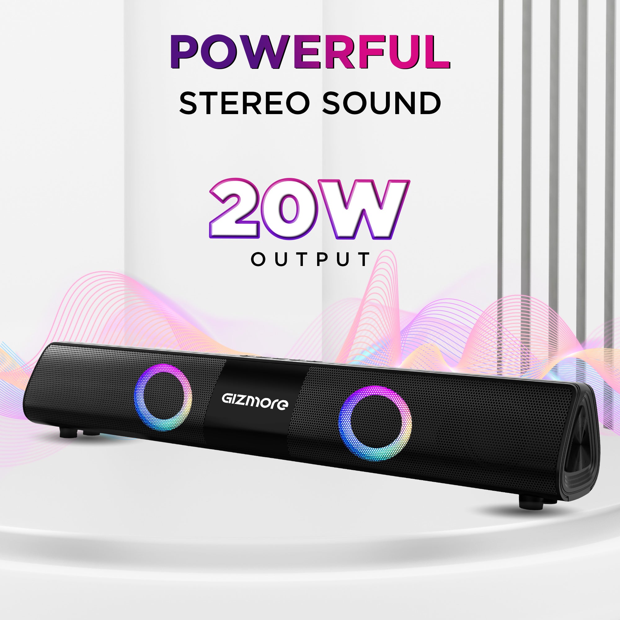 GIZMORE 2000 Soundbar Speaker 20W RMS Powerful Bass Soundbar with Quad & Equalizer Mode, in-Built RGB Light, Immersive Surround Sound, Upto 6 Hrs Playtime , Multi Connectivity AUX/USB/BT/FM/SD Card