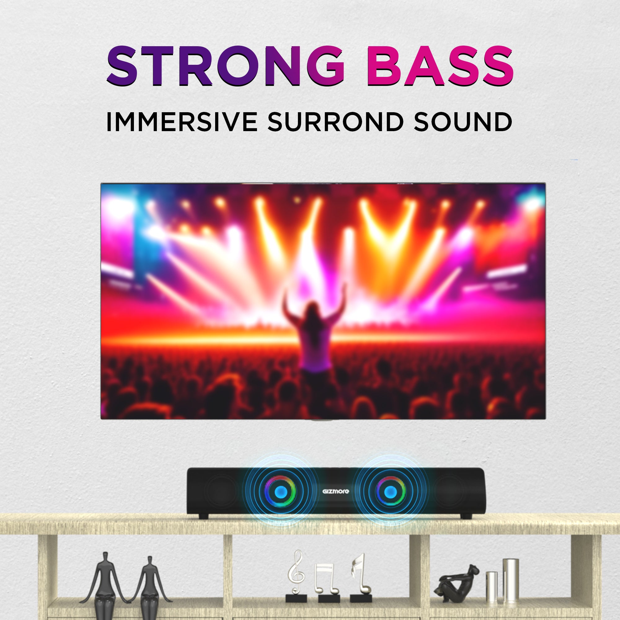 GIZMORE 2000 Soundbar Speaker 20W RMS Powerful Bass Soundbar with Quad & Equalizer Mode, in-Built RGB Light, Immersive Surround Sound, Upto 6 Hrs Playtime , Multi Connectivity AUX/USB/BT/FM/SD Card