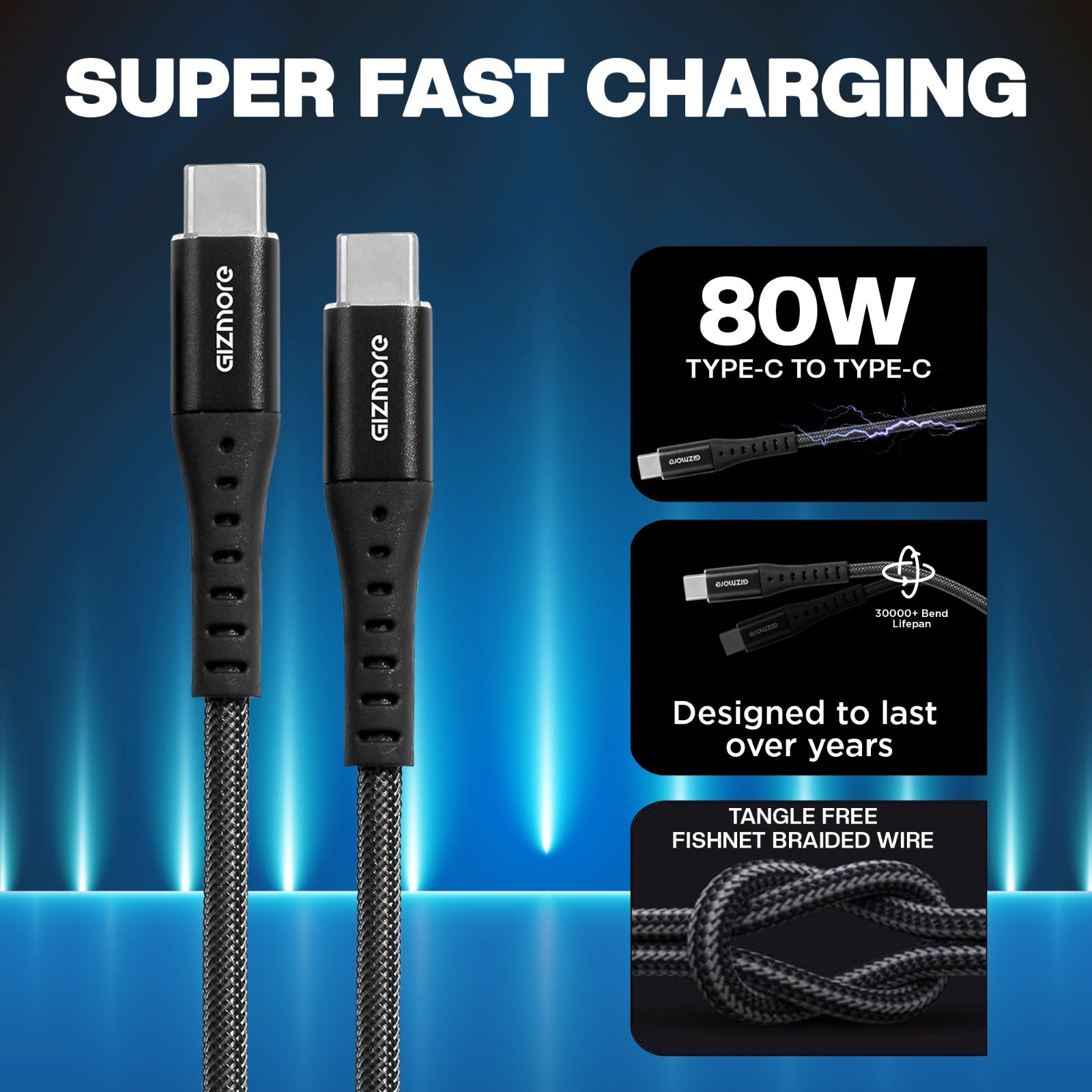 GIZMORE WCC80 80W (1.5M), Type-C to C Superfast Charging Cable, With Fishnet Braided wire, Compatible with Samsung, Apple, OnePlus, Oppo, Other Type-C Devices, & Laptop Charging support ,480Mbps Data Transfer Speed.