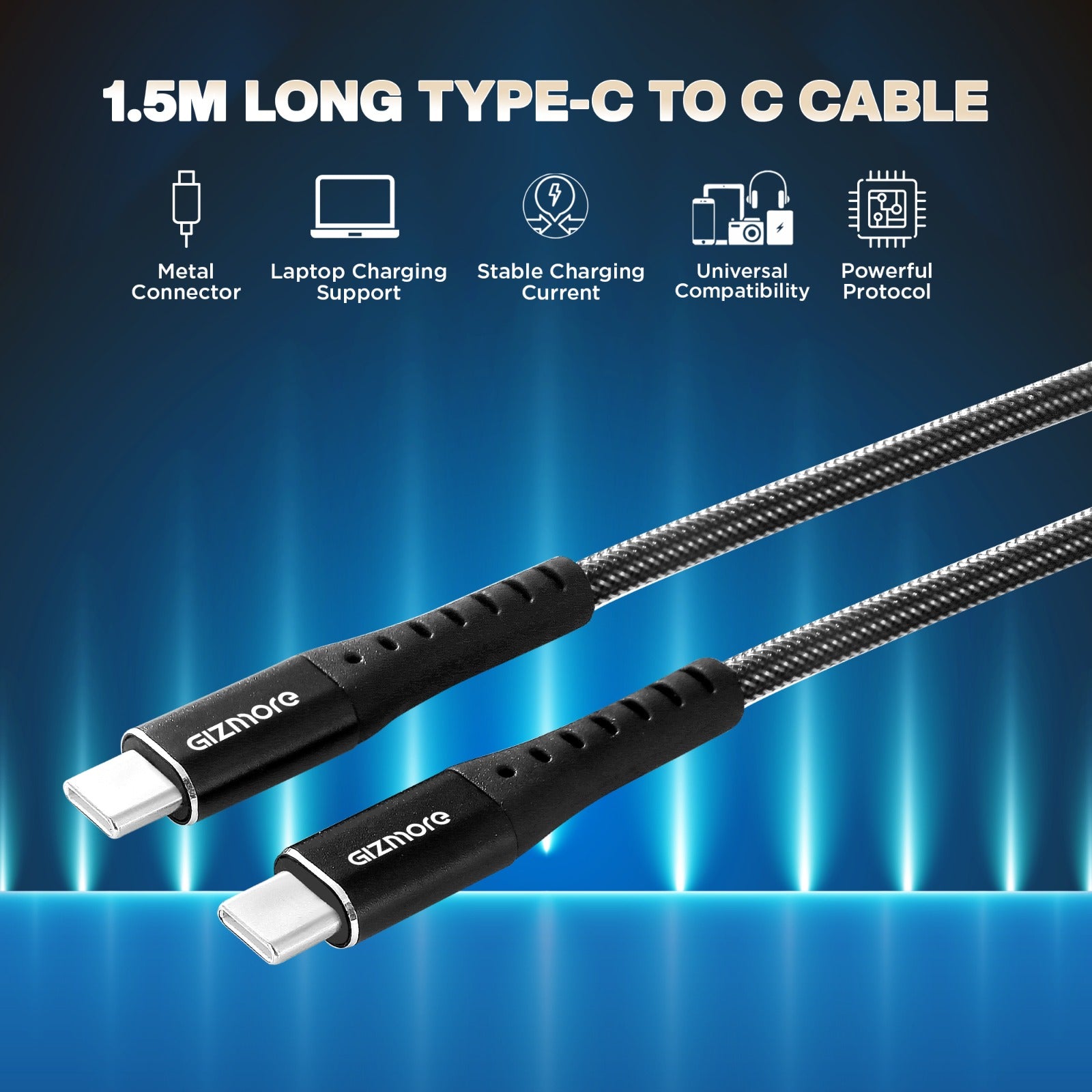 GIZMORE WCC80 80W (1.5M), Type-C to C Superfast Charging Cable, With Fishnet Braided wire, Compatible with Samsung, Apple, OnePlus, Oppo, Other Type-C Devices, & Laptop Charging support ,480Mbps Data Transfer Speed.