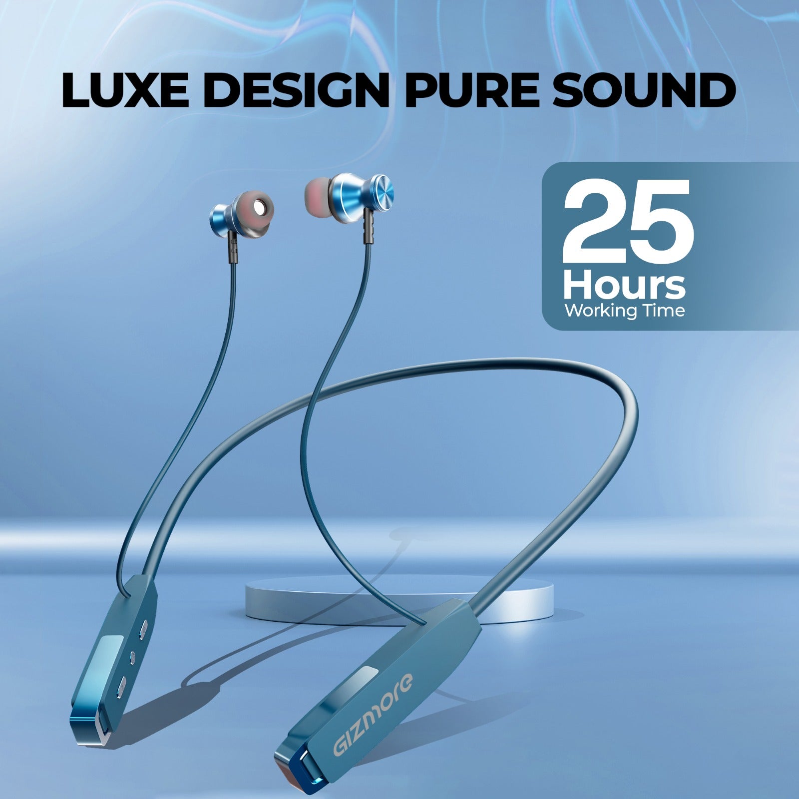Gizmore MN225 Luxe Neckband -Pure deep bass Sound, 25H Playtime, Magnetic Earpieces, Voice Assistance (Google & Alexa), Deep Bass, Comfortable Fit, Rubber Finish