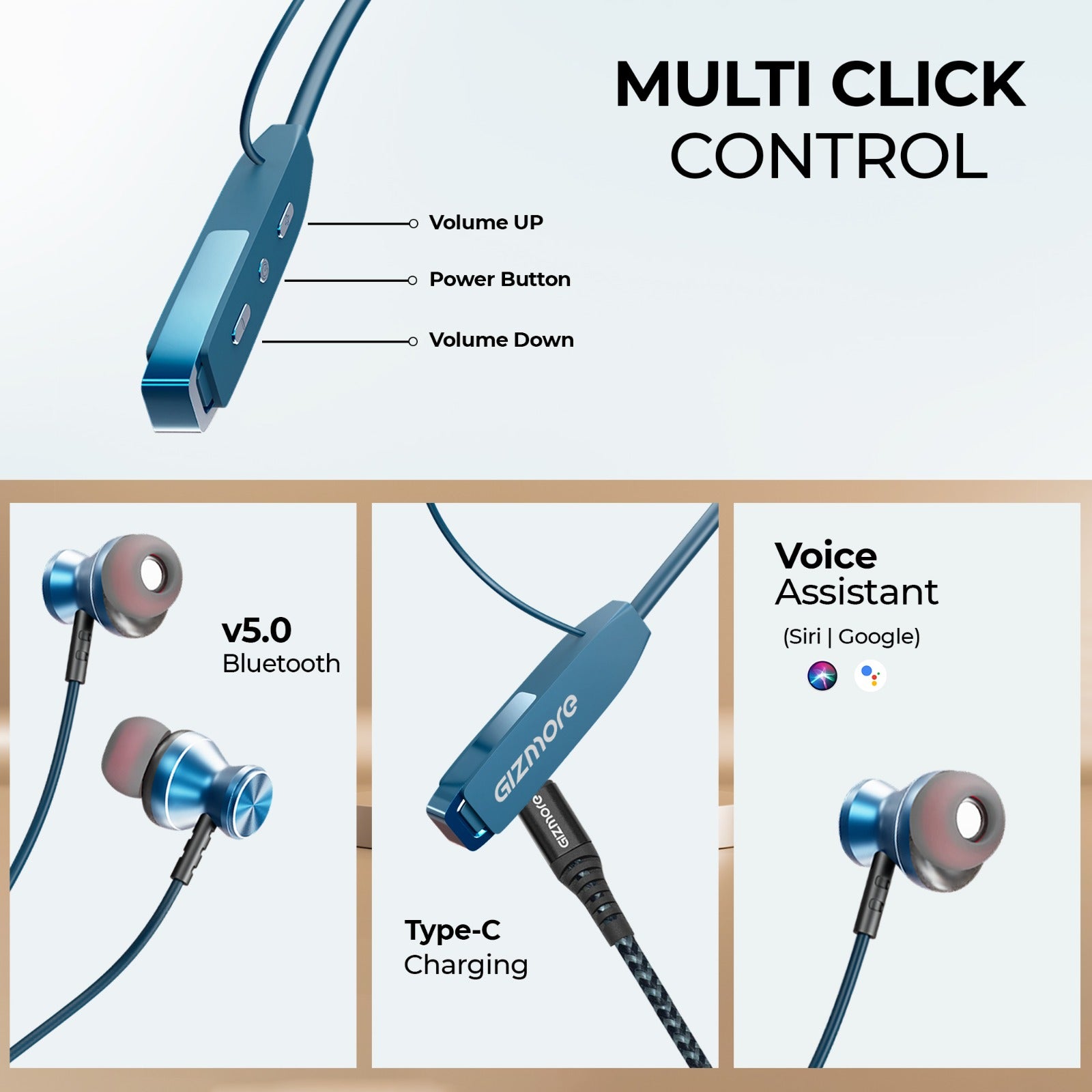 Gizmore MN225 Luxe Neckband -Pure deep bass Sound, 25H Playtime, Magnetic Earpieces, Voice Assistance (Google & Alexa), Deep Bass, Comfortable Fit, Rubber Finish