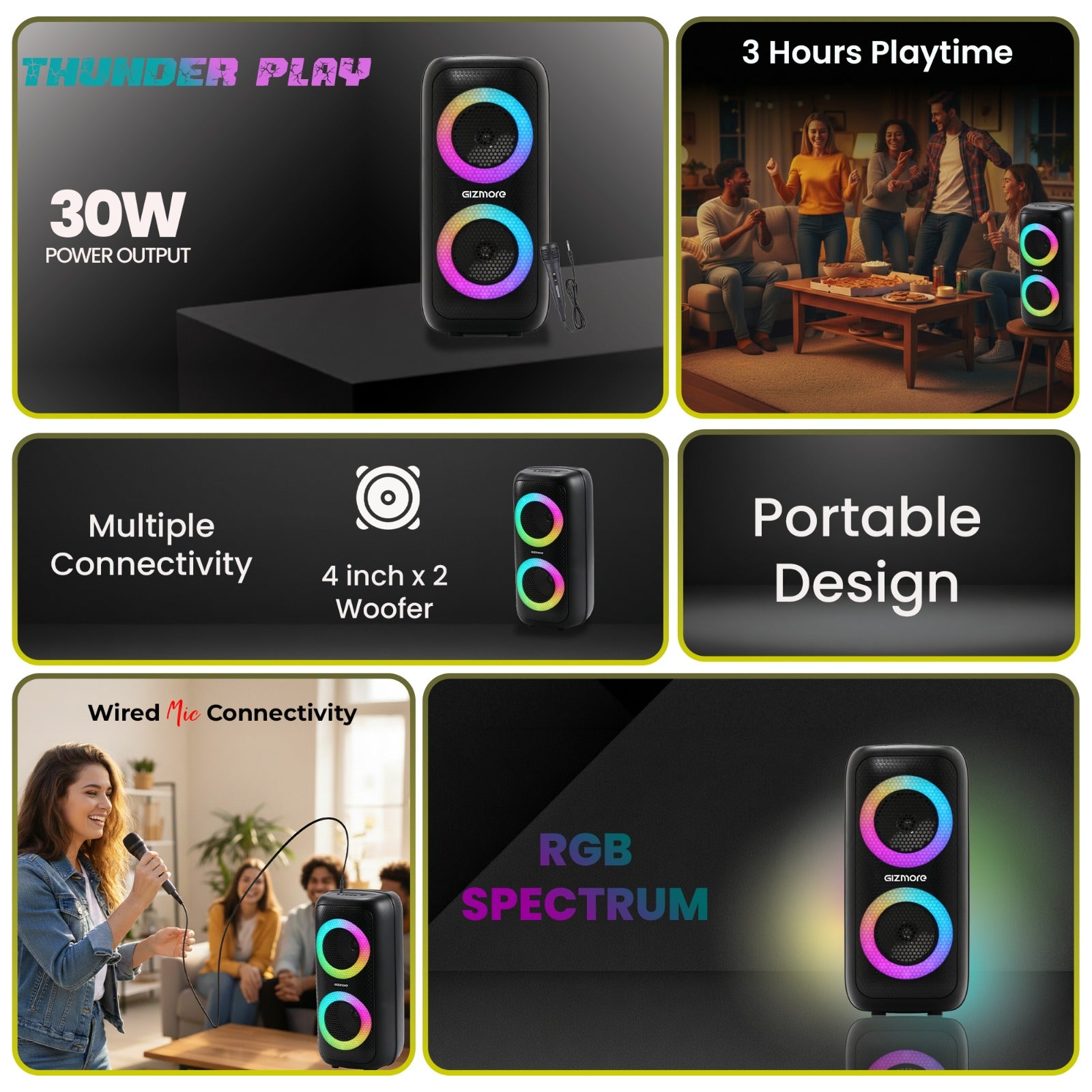 GIZMORE T40 Thunder Play 30W Party Speaker with Wired Mic | Portable Bluetooth Speaker | RGB Spectrum Lights | Dual 4-Inch Woofers | Powerful Bass | 3 Hours Playtime | Karaoke Speaker for Parties, Home & Outdoor