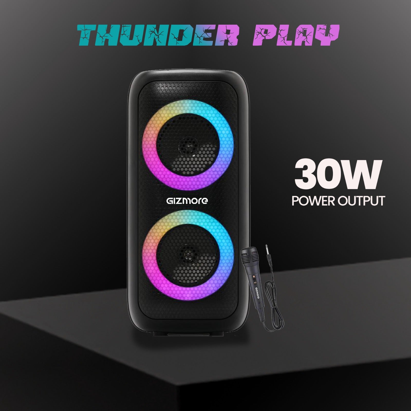 GIZMORE T40 Thunder Play 30W Party Speaker with Wired Mic | Portable Bluetooth Speaker | RGB Spectrum Lights | Dual 4-Inch Woofers | Powerful Bass | 3 Hours Playtime | Karaoke Speaker for Parties, Home & Outdoor