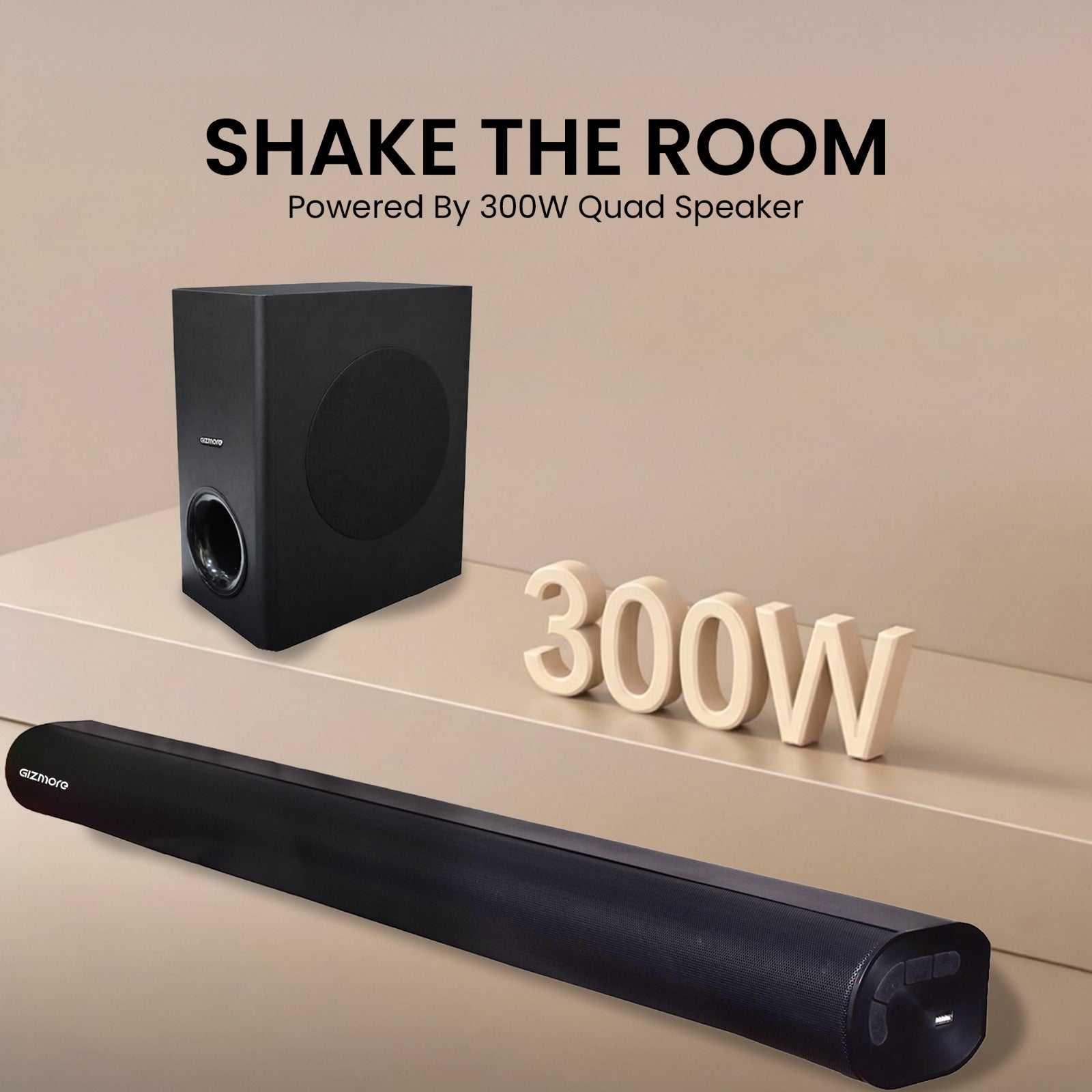 GIZBAR 360 300W Soundbar with 6.5" Subwoofer | 360° Theatre Sound | Multiple EQ Modes | HDMI, Optical, AUX Connectivity | Wall Mountable Design