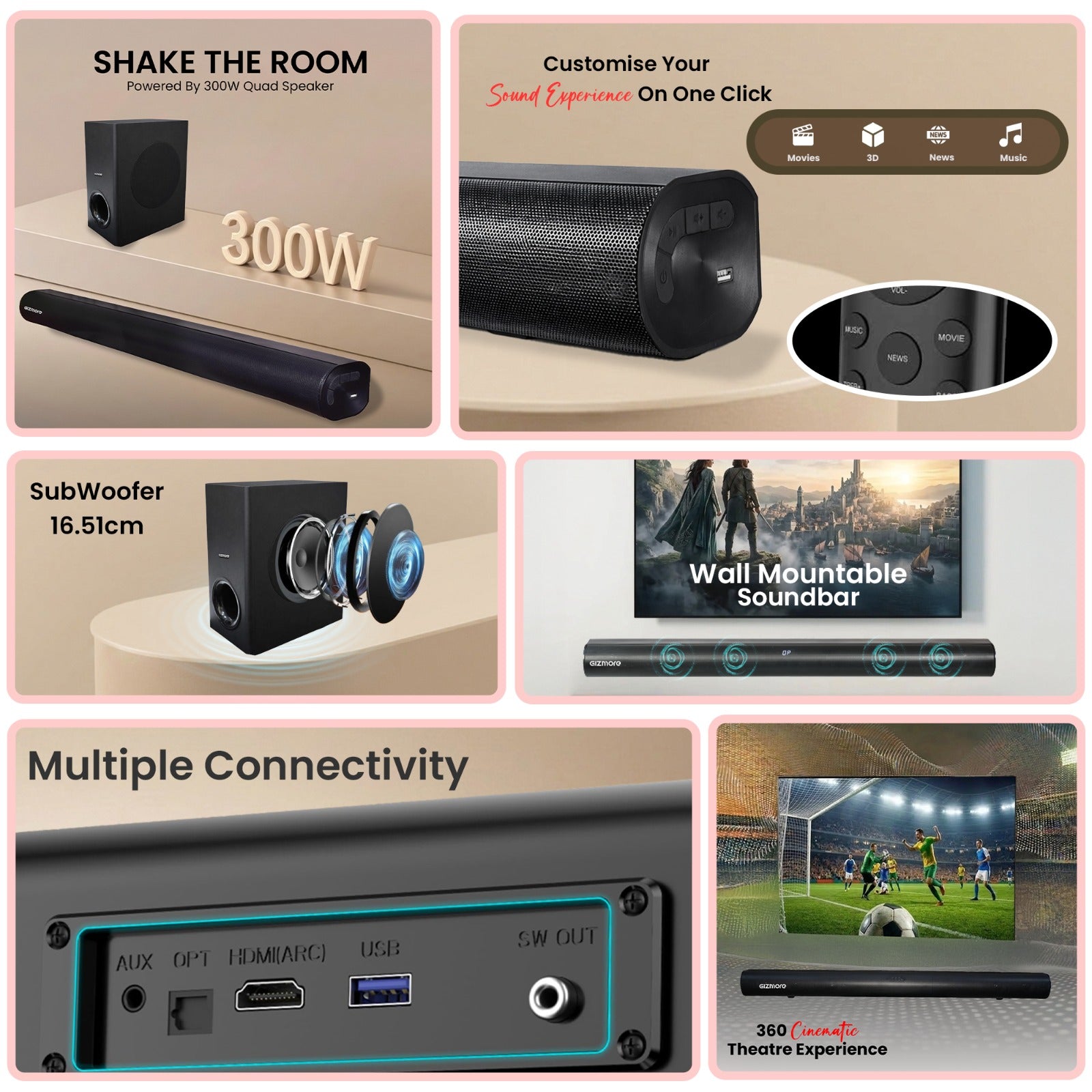GIZBAR 360 300W Soundbar with 6.5" Subwoofer | 360° Theatre Sound | Multiple EQ Modes | HDMI, Optical, AUX Connectivity | Wall Mountable Design