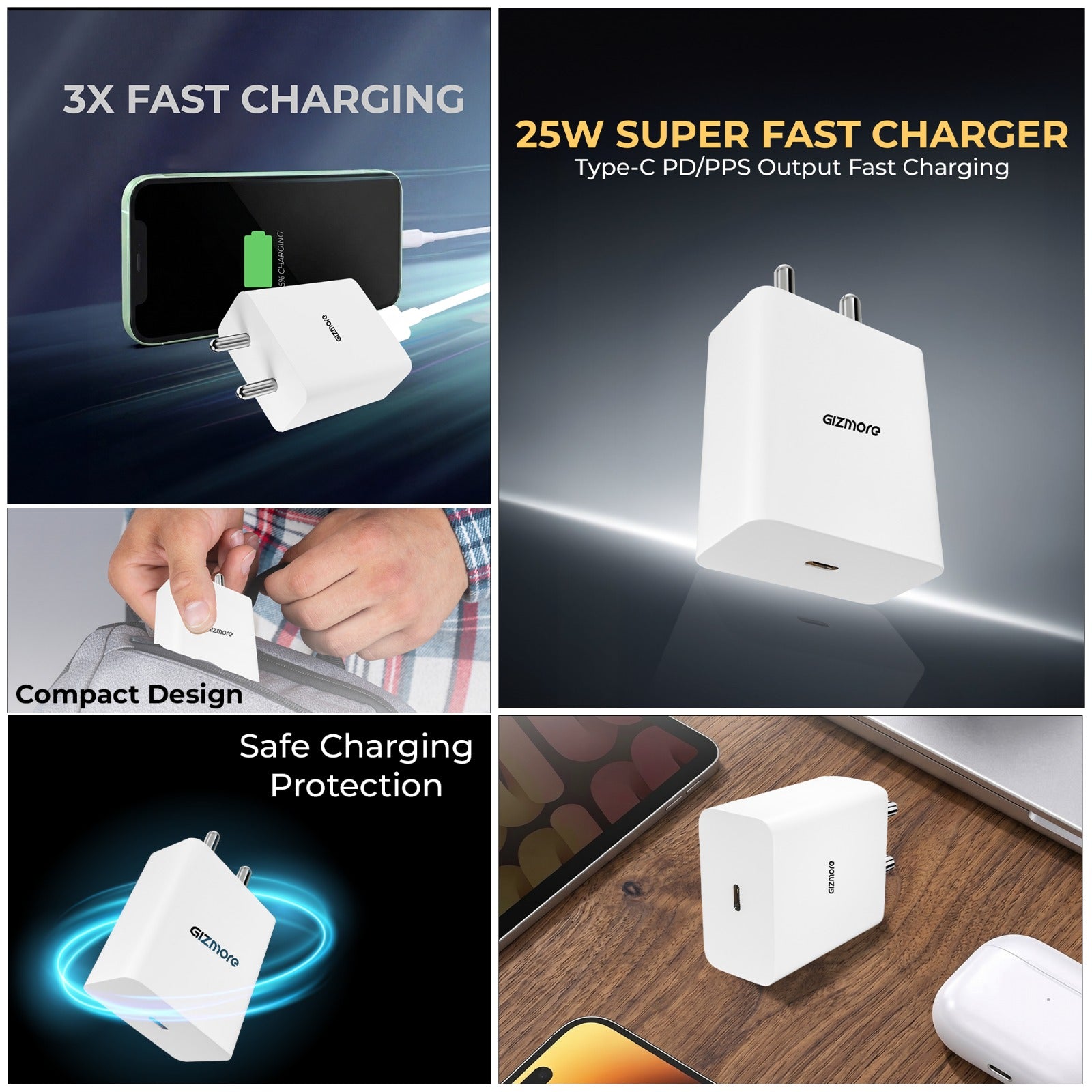 GIZMORE PA625SN 25W PD/PPS Type-C Super-Fast Charger Adapter