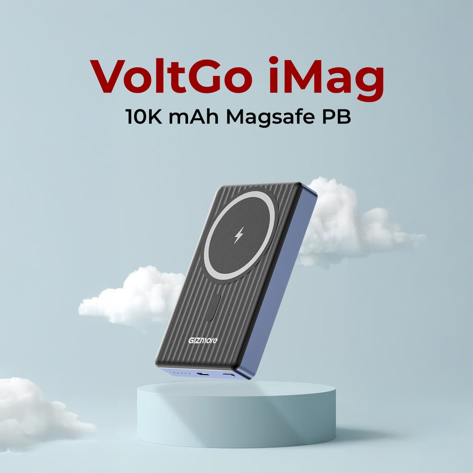 GIZMORE PD10K45 VoltGo iMag 10000mAh Magnetic Wireless Power Bank, 15W Wireless Charging, 20W Wired Charging, Soft-Touch Finish, Metallic Build, Portable Design for Compatible Magnetic Charging Devices