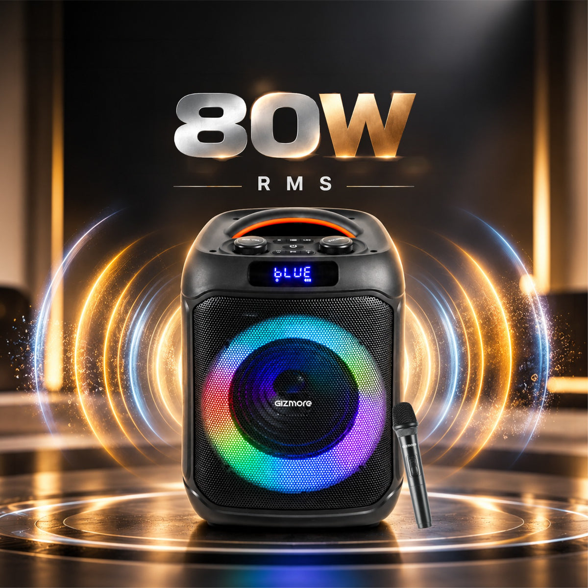 GIZMORE Thunder Bolt Neo 80W RMS Party Speaker with Wireless Mic