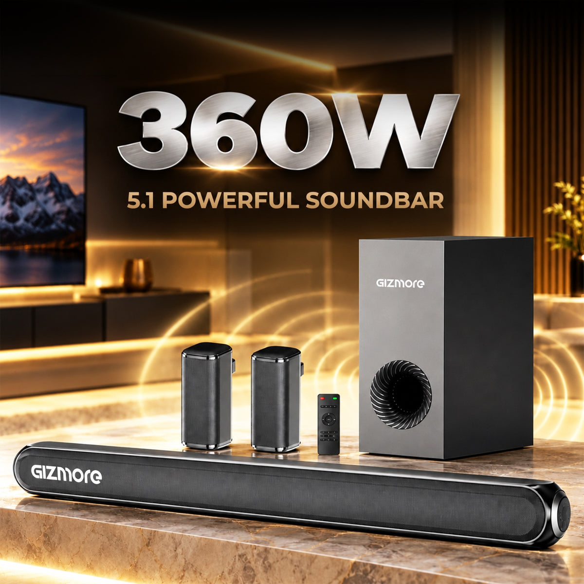 GIZMORE BAR320 MAX 360W 5.1 Channel Wired Soundbar System, Remote control multiple EQ modes, HDMI ARC, optical and Bluetooth connectivity