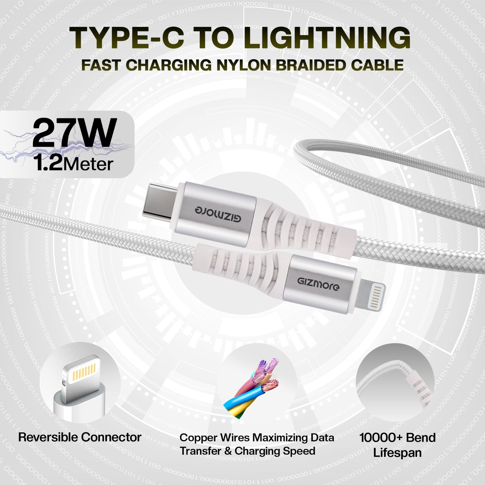 Gizmore WCL157 27W TYPE-C TO LIGHTNING Fast Charging Cable - Premium Nylon Braided, 10000+ Bend Test, 480 Mbps Data Transfer Speed Compatible with All Lightning Enabled Devices.