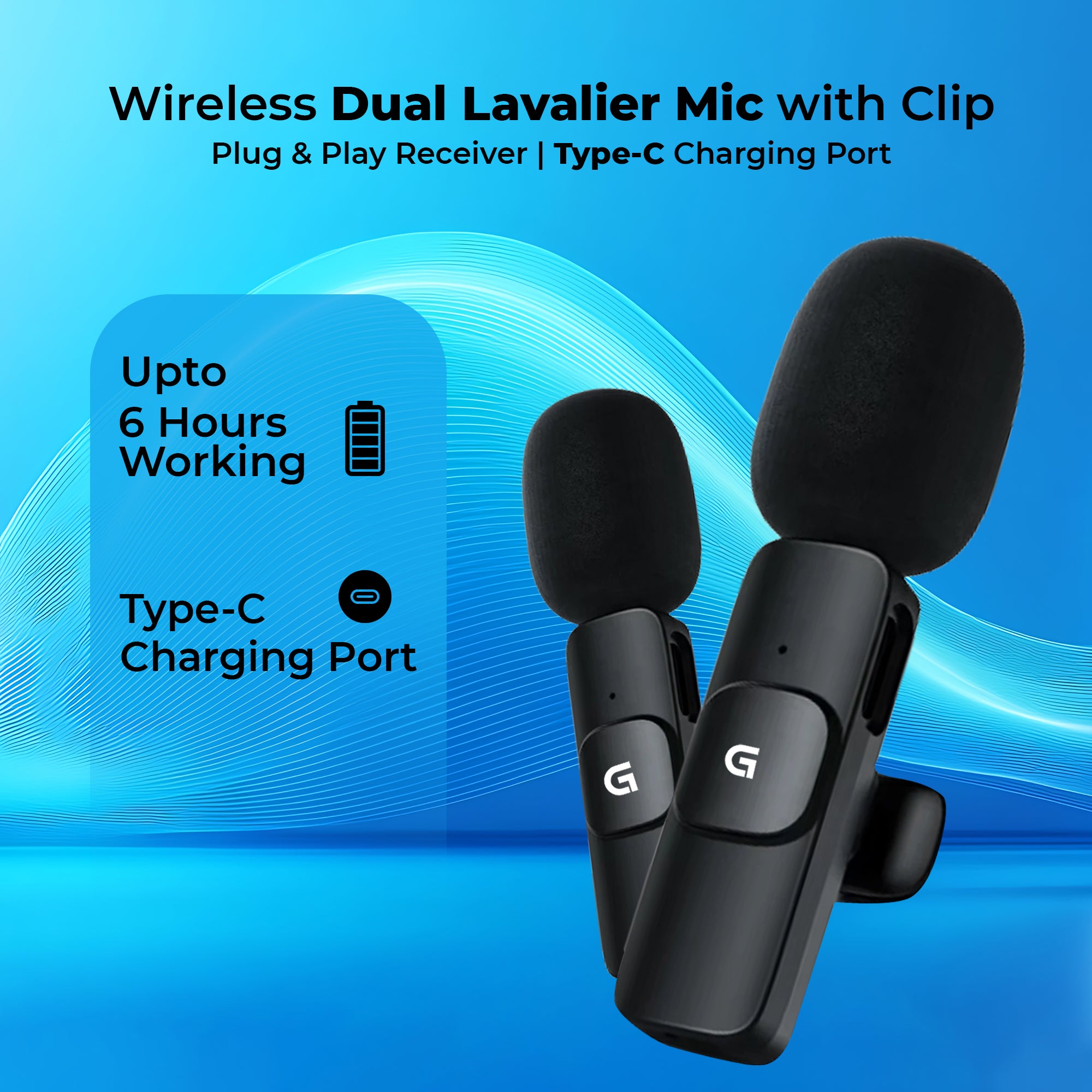 Gizmore Wireless Dual Mic for YouTube , vlog and podcast etc – Plug & Play, 20m Range, HD Sound Quality, Rechargeable Battery (long playback), 360 degree Pickup, Compatible with camera and phone recording.