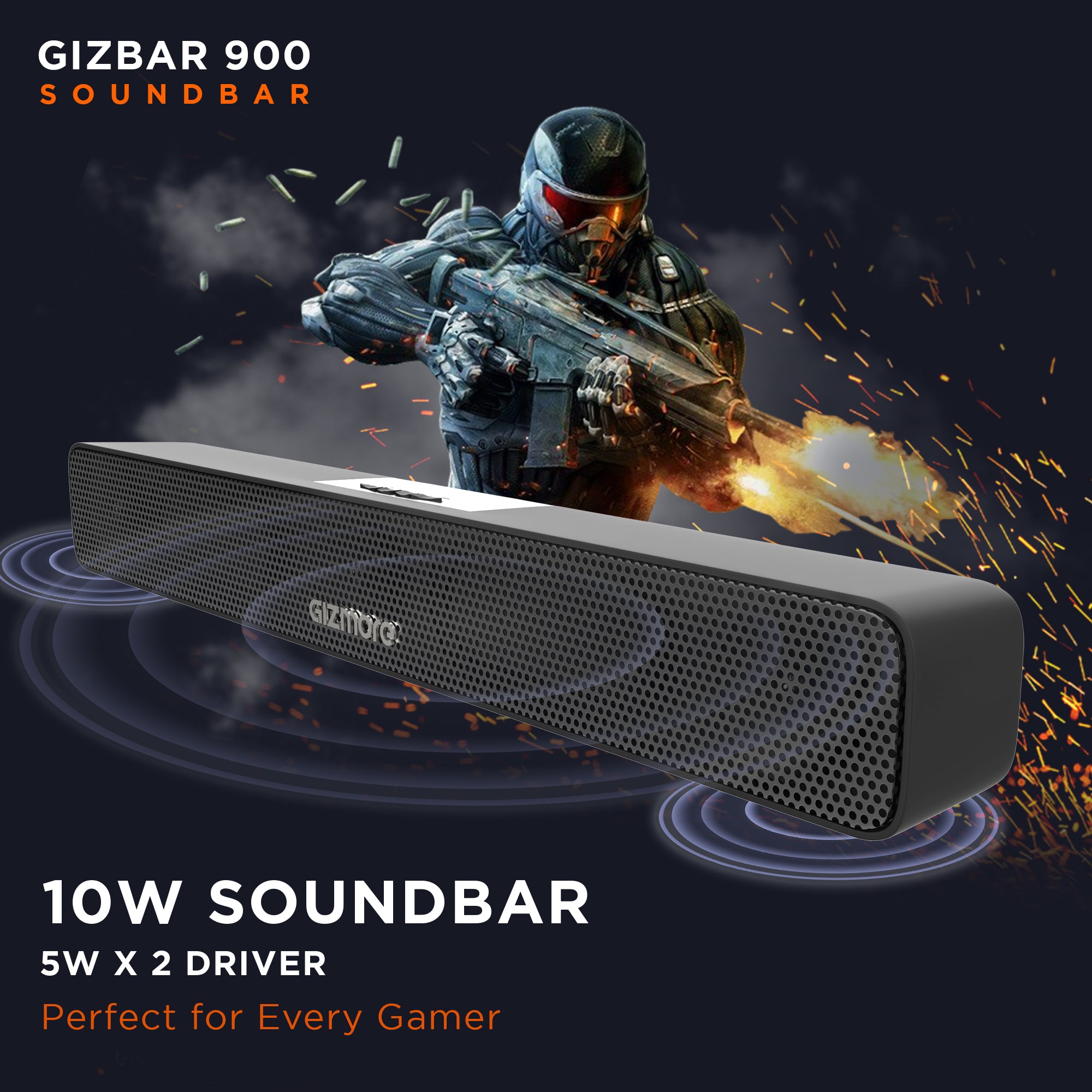 Gizmore Gizbar 900 2.0 Channel Home Theatre Soundbar with 10W Speaker, Multiple Connectivity Modes with Bluetooth 5.0, Premium Sleek Design 10 W Bluetooth Soundbar