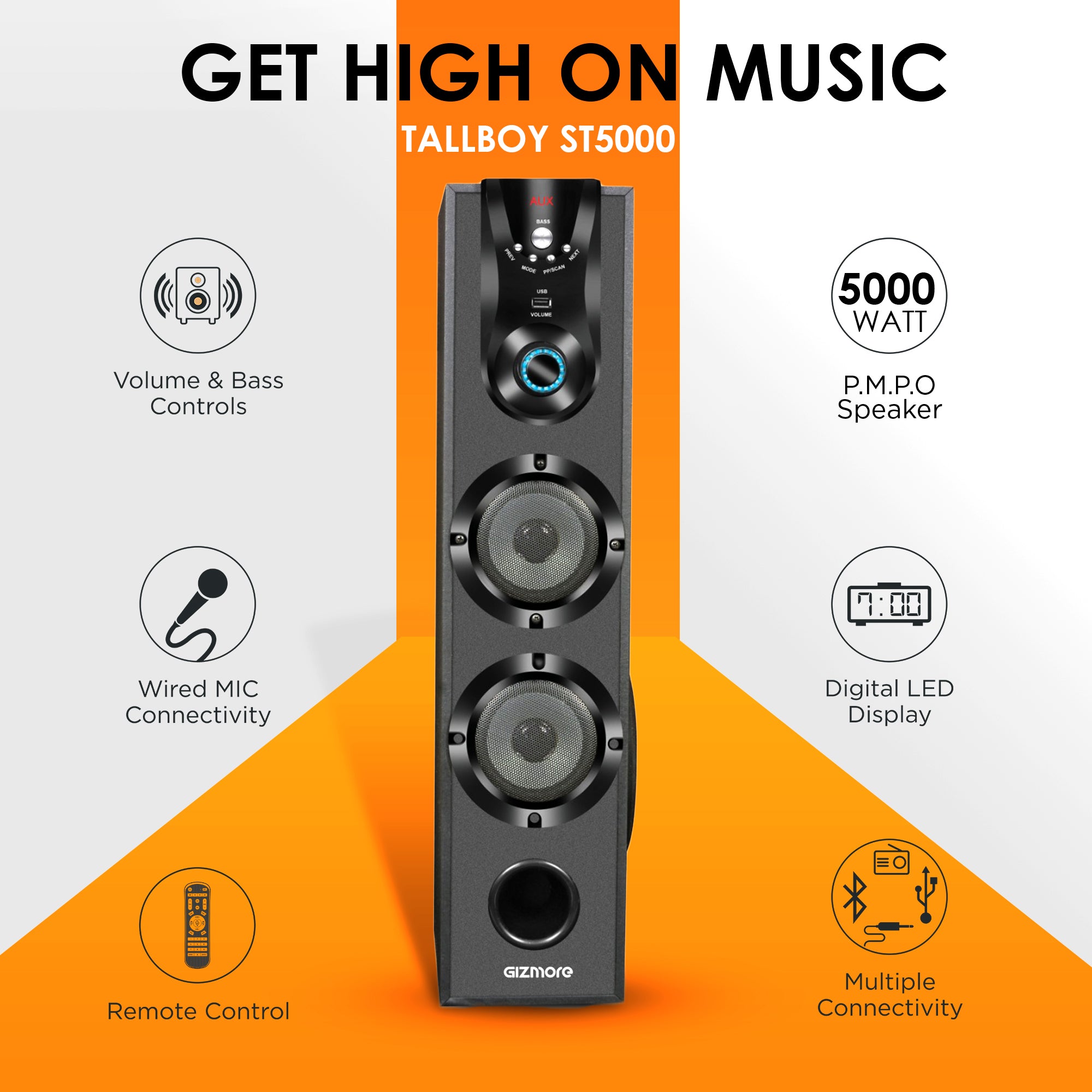 GIZMORE ST5000 50W Bluetooth Tower Speaker | Digital LED Display Wooden Cabinet | Volume & Bass Control | Karaoke and Party Speaker with Multiple Connectivity and Wired MIC