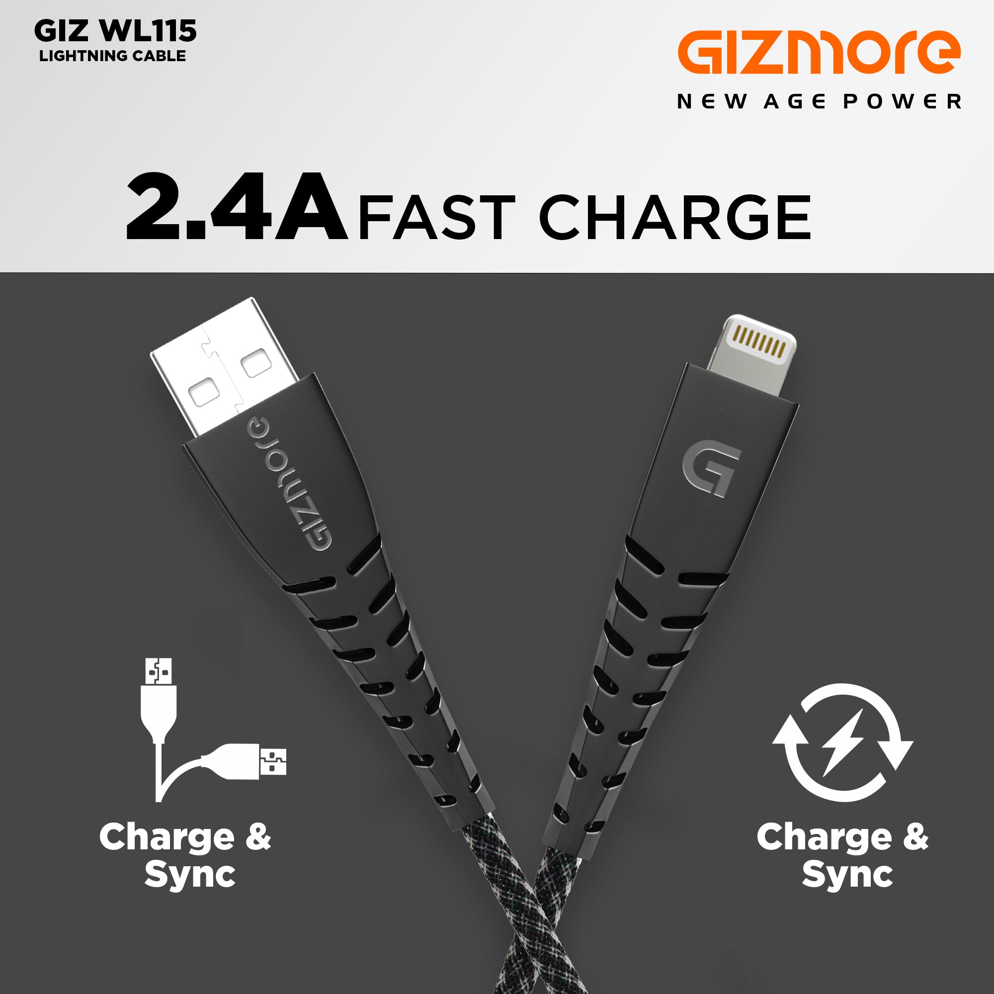 Gizmore Lightning Cable 2.4A (Compatible with Mobile, Tablet, Computer,)