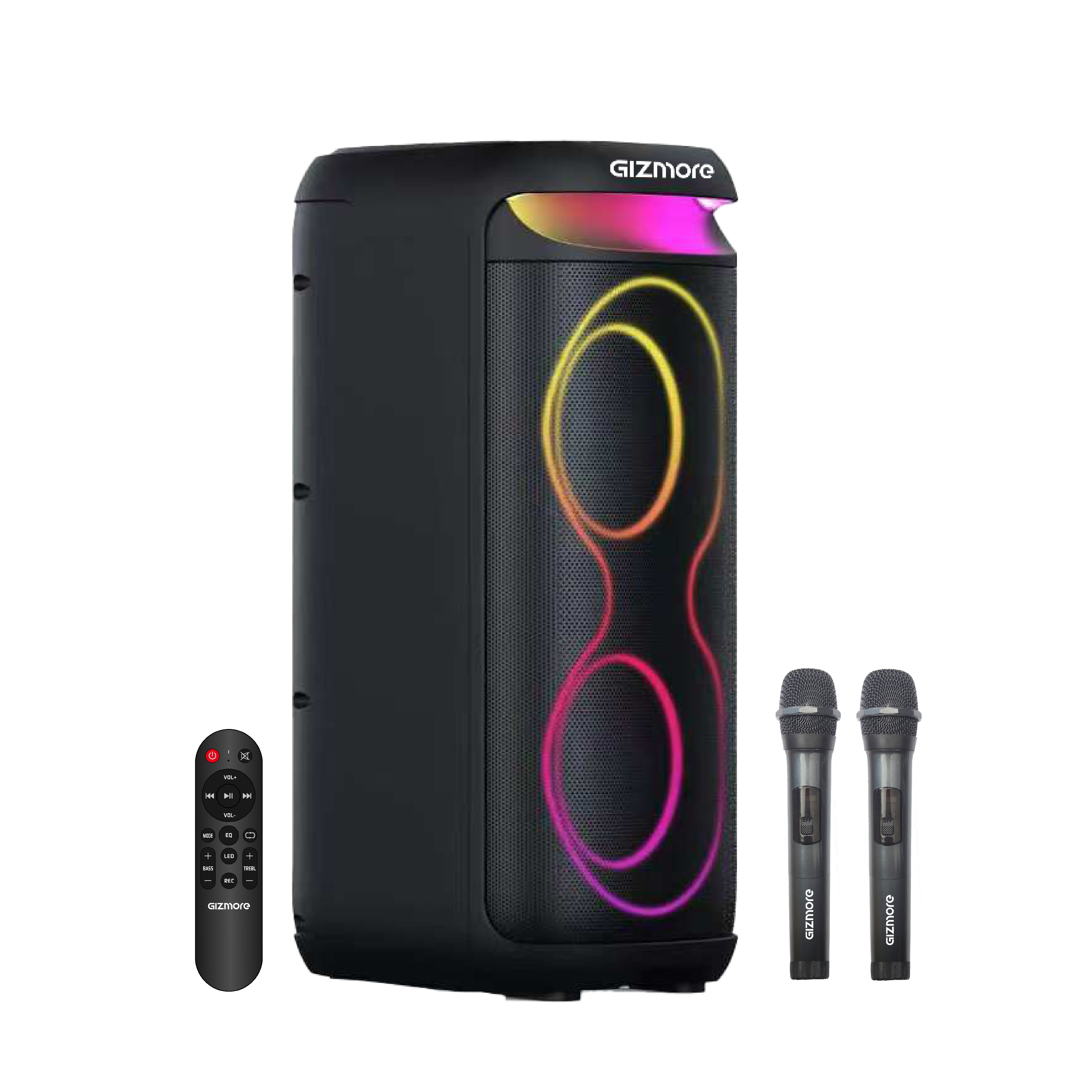 GIZMORE T180 Ultra 180W Bluetooth Party Speaker with Dual Wireless Mic, RGB Lights, 3-Hour Playtime, USB /AUX/TF Card Support, TWS, Remote Control