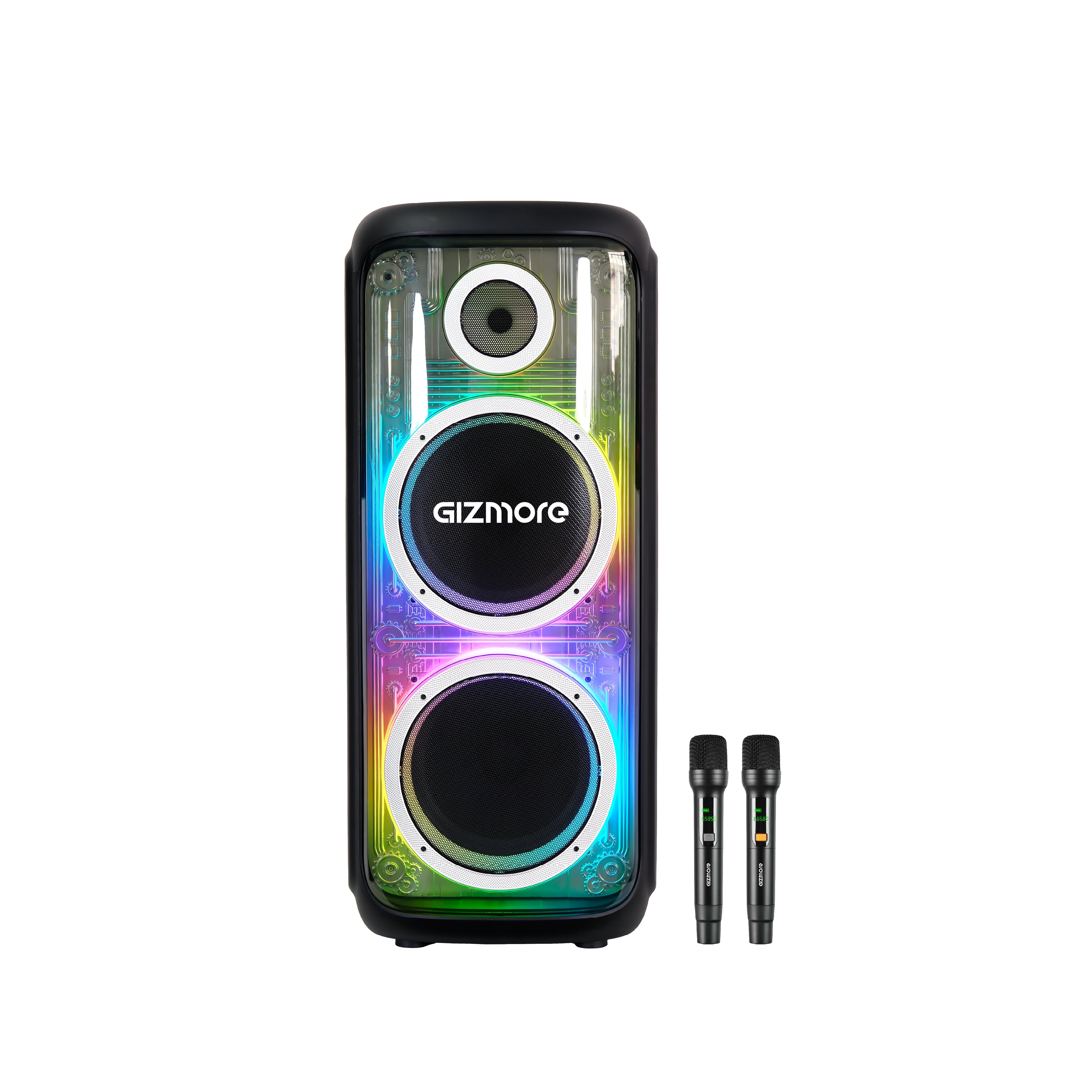 GIZMORE T400 MEGATRON 480W RMS Party Speaker with Dual Wireless Mics, RGB Spectrum Lights, Visible Acoustics, 8 Hours Playtime, TWS Function, Bluetooth/USB/AUX Connectivity