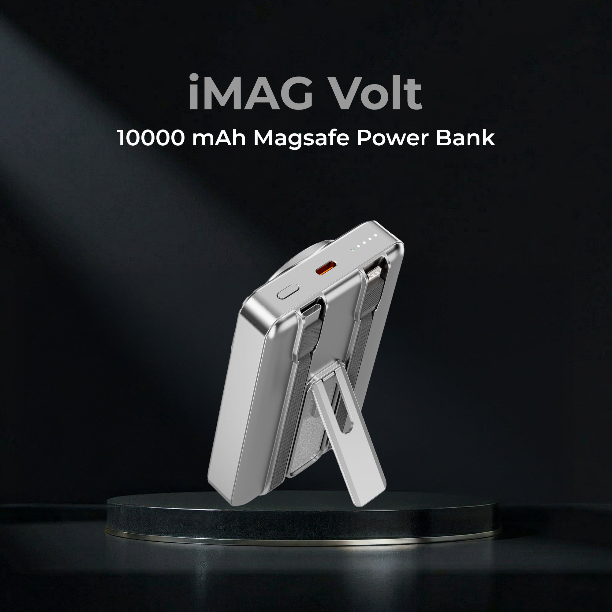 GIZMORE PD10K44 imagvolt 10000mAh Magnetic Power Bank with Built-in USB-C & Lightning Cables, Foldable Mobile Stand, Metallic Finish, Fast Charging Portable Power bank