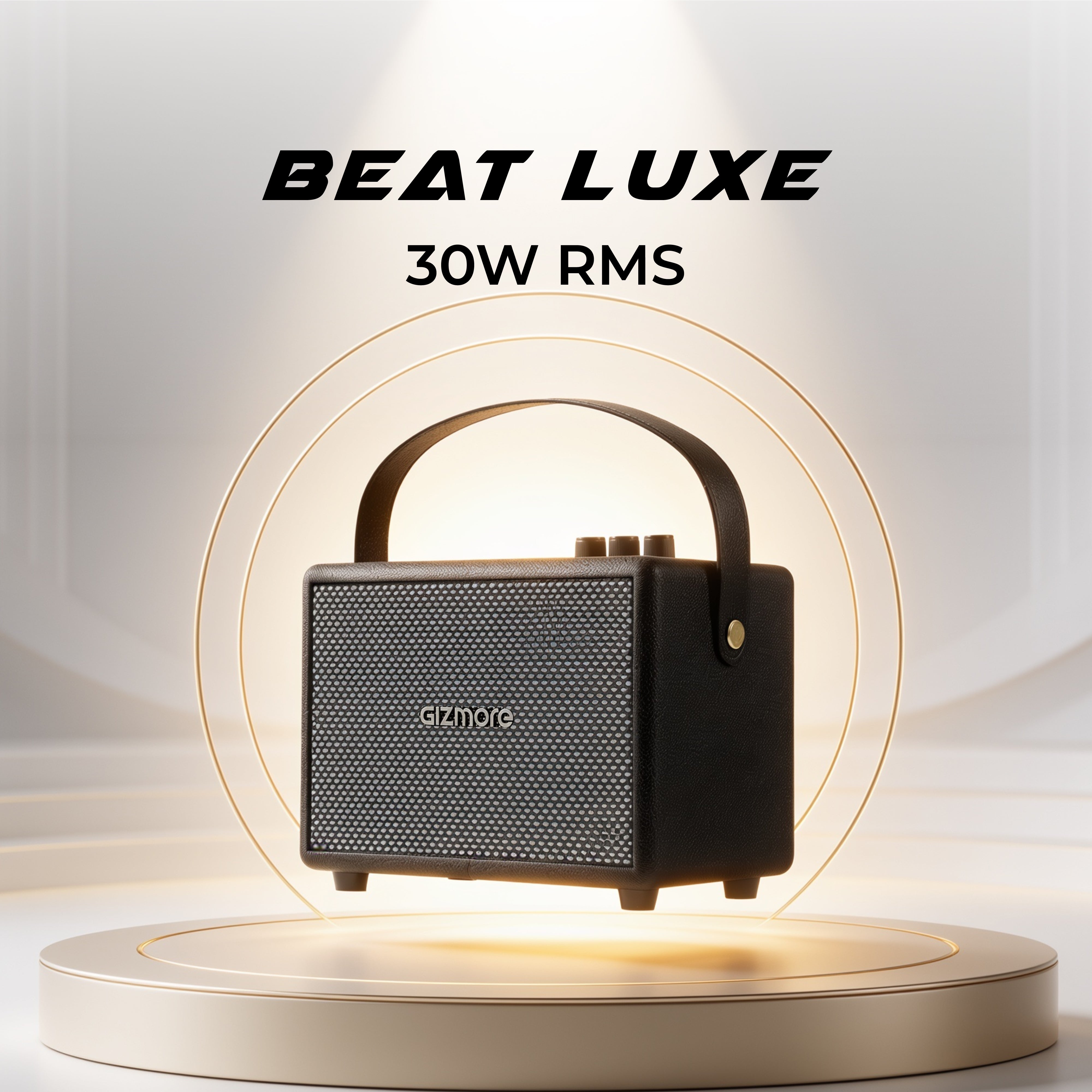 GIZMORE BEAT LUXE 30W RMS Bluetooth Speaker with Premium Wooden & Vegan Leather Finish, Portable Design, Up to 3 Hours Playtime, TWS Dual Pairing, Multi-Control Knobs, Carrying Strap