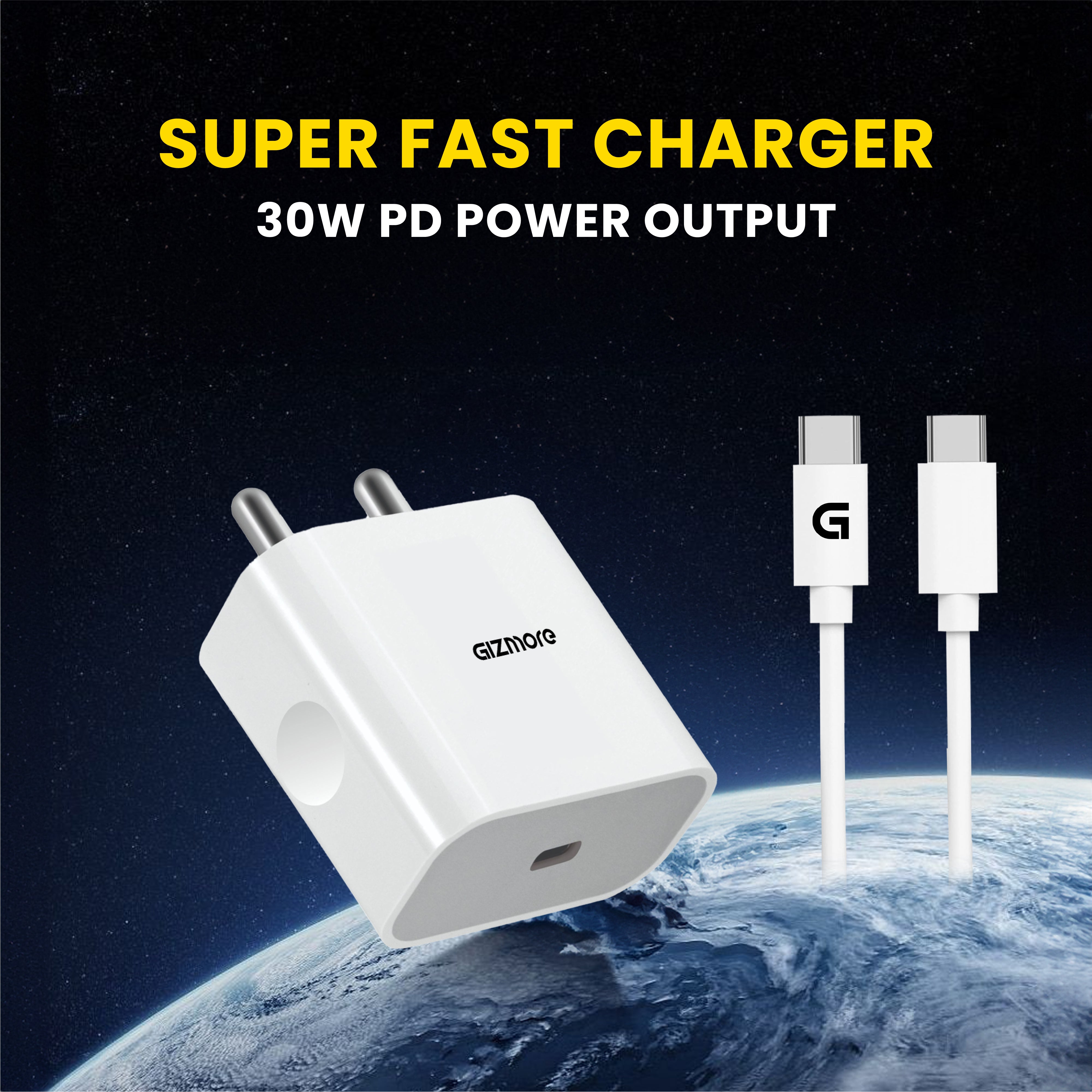GIZMORE GIZ PA35 30W PD Fast Charger with Type-C to Type-C Cable | USB-C Wall Charger | Compact & Lightweight Design | Multi-Layer Protection | ABS + PC Housing | Compatible with USB-C Devices