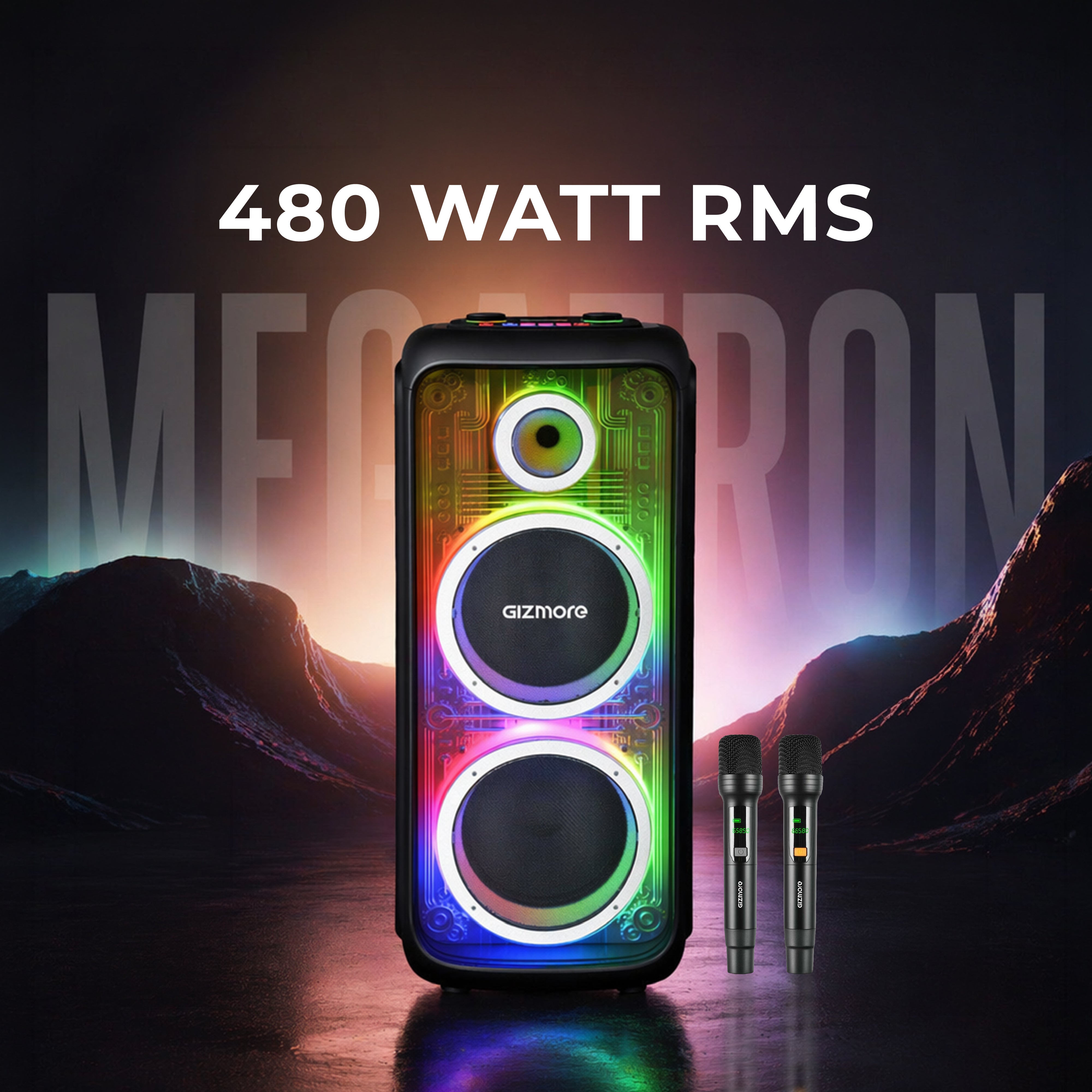GIZMORE T400 MEGATRON 480W RMS Party Speaker with Dual Wireless Mics, RGB Spectrum Lights, Visible Acoustics, 8 Hours Playtime, TWS Function, Bluetooth/USB/AUX Connectivity