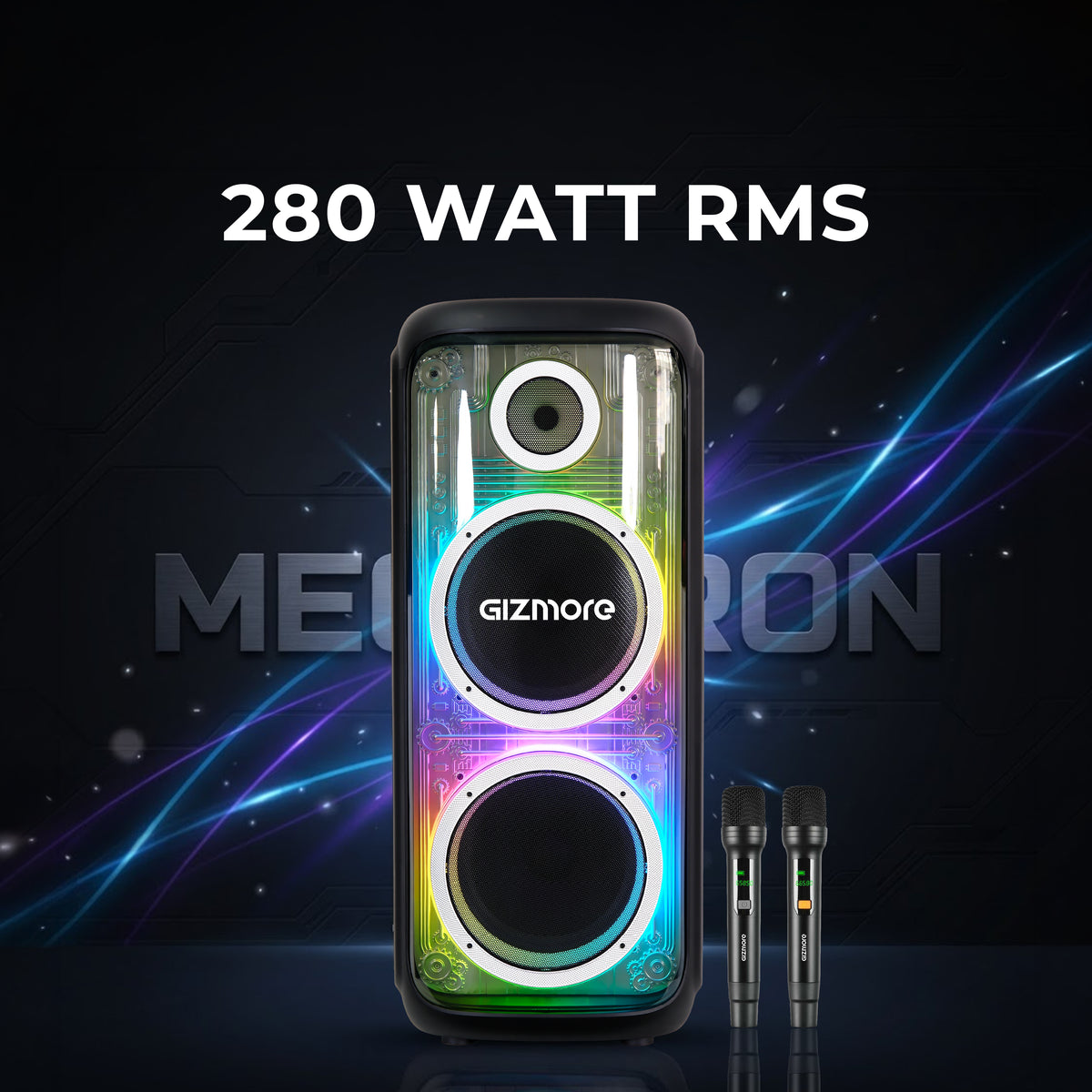 GIZMORE T220 MEGATRON 280W RMS Party Speaker with Dual Wireless Microphones, RGB Spectrum Lights, Visible Acoustic Design, Up to 5 Hours Playtime, TWS, Bluetooth, USB & AUX Connectivity