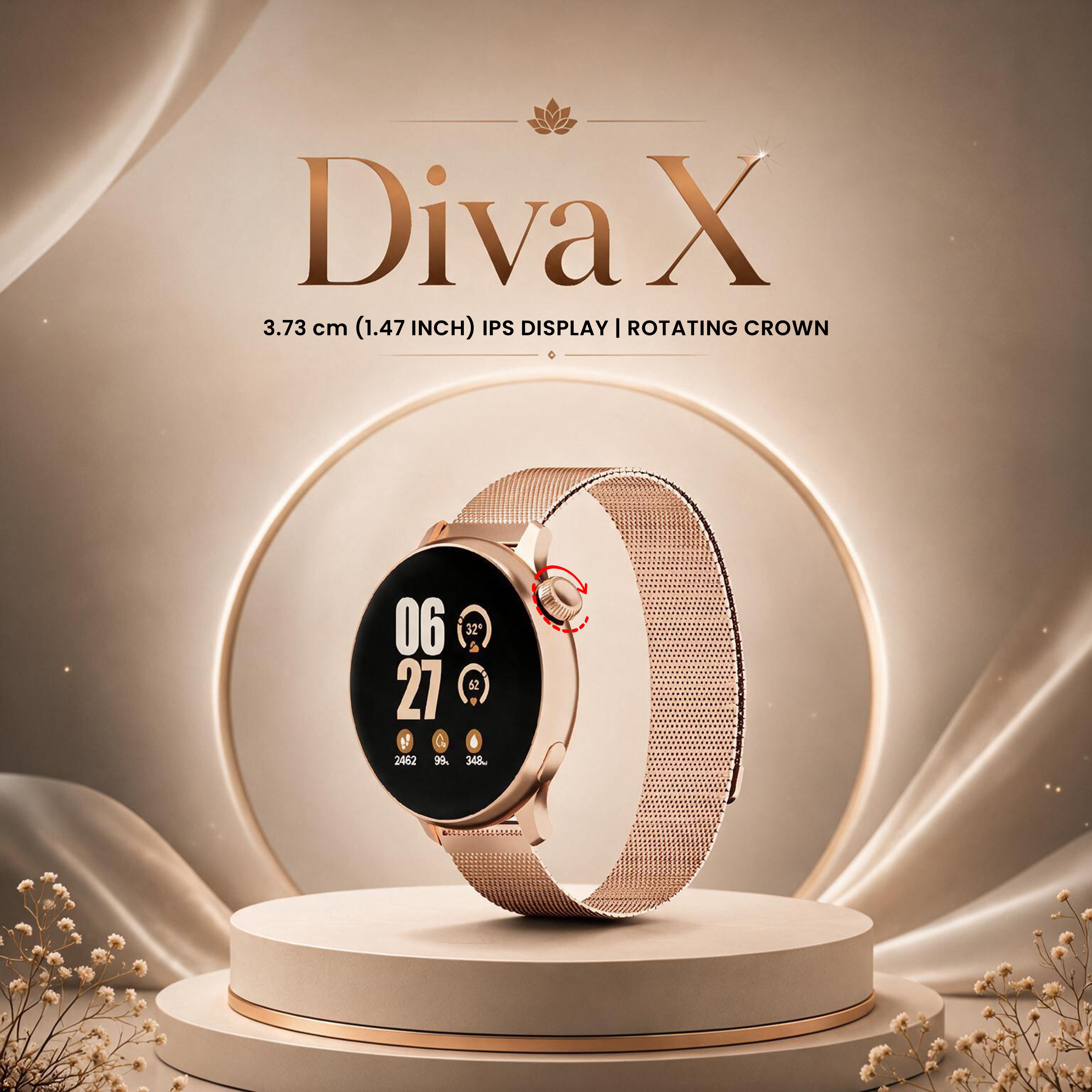GIZMORE DIVA X Smartwatch for, Metal Crafted Wrist Design, 1.47" IPS Display, Rotating Crown, Health Rate Sensor, Multi Sports Modes, Up to 5 Hours Battery Life
