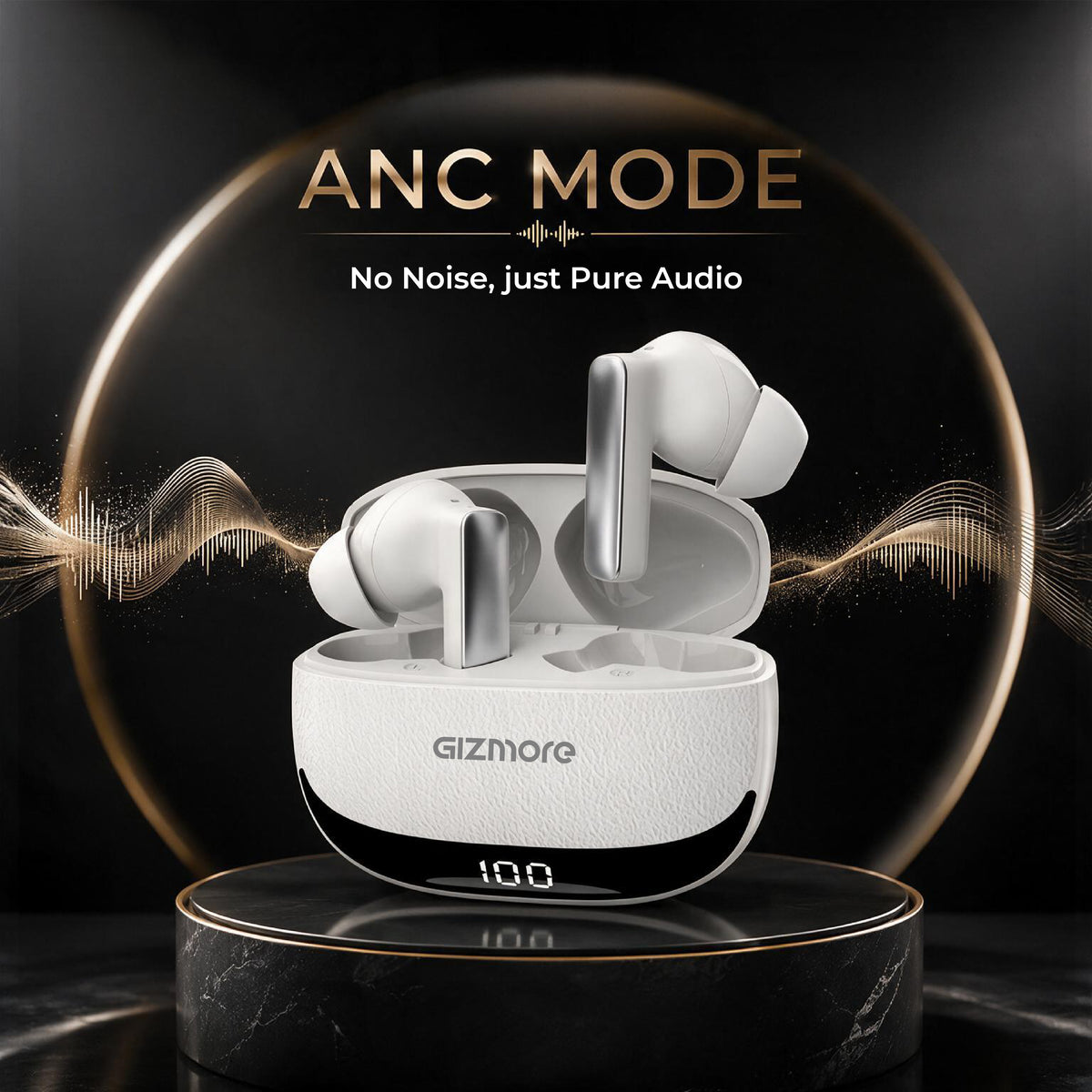 GIZMORE Gizbud 872 ANC Wireless Earbuds, Up to 45dB Noise Cancellation, 45ms Low Latency Gaming, Quad Mic with ENC, Up to 70 Hours Playtime, 13mm Driver, Digital LED Display