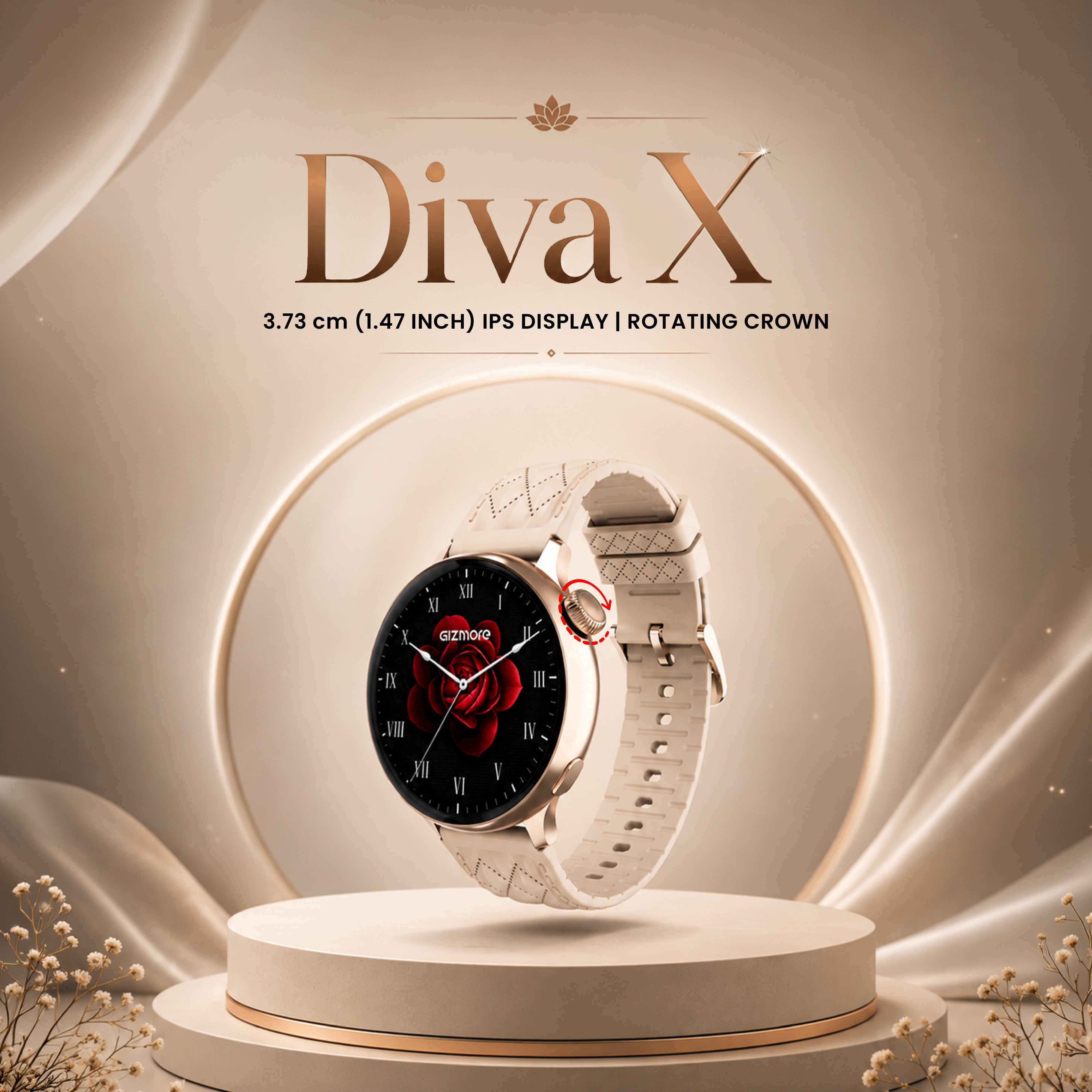 GIZMORE DIVA X Smartwatch for, Metal Crafted Wrist Design, 1.47" IPS Display, Rotating Crown, Health Rate Sensor, Multi Sports Modes, Up to 5 Hours Battery Life