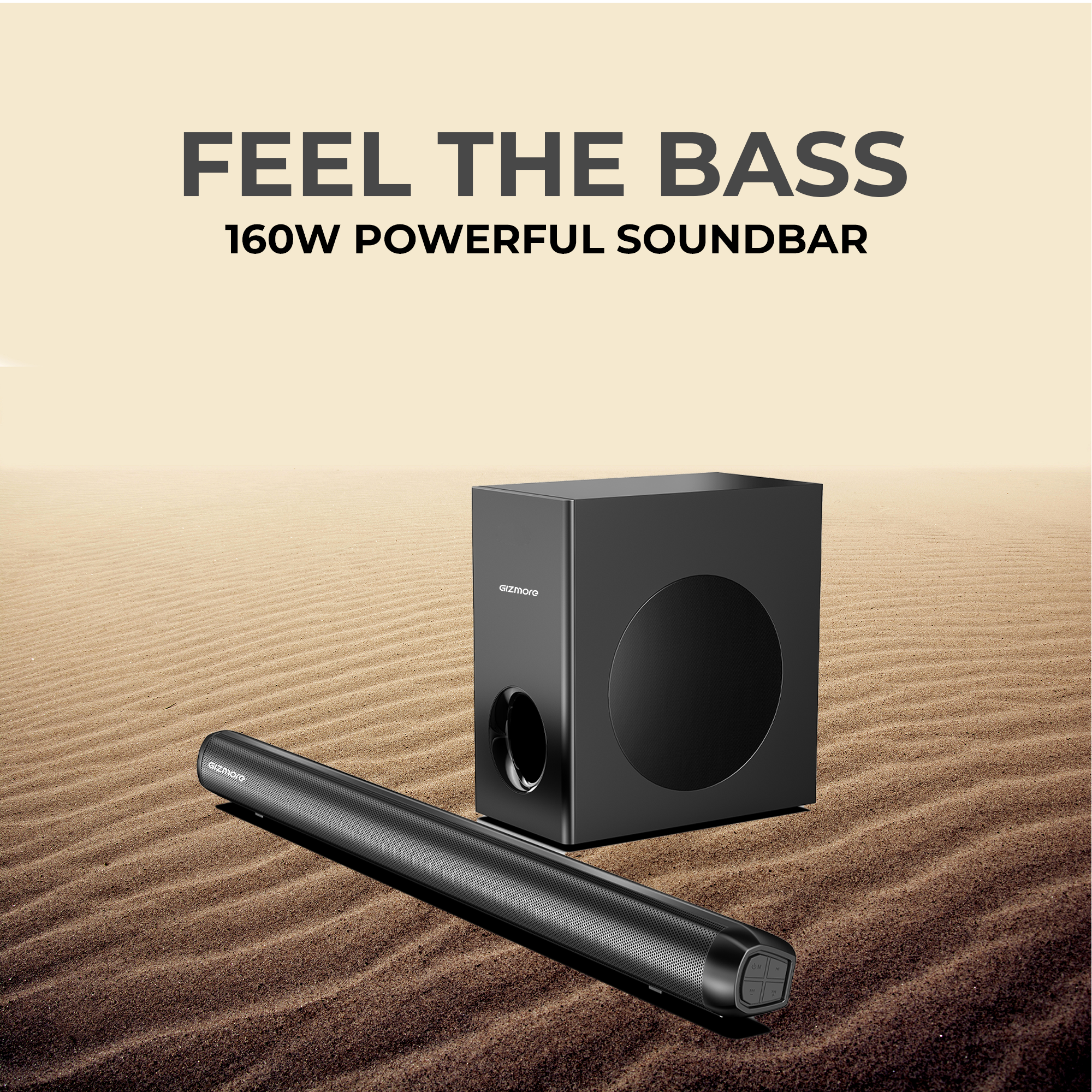 GIZBAR 160 – 2.1 Channel Soundbar with 160W Powerful Output | Multiple connectivity- HDMI ARC, AUX, USB, Optical | Remote Control | Multiple EQ Modes (Music, Movies, News, 3D) |360 degree surround sound |Theater experience at home.