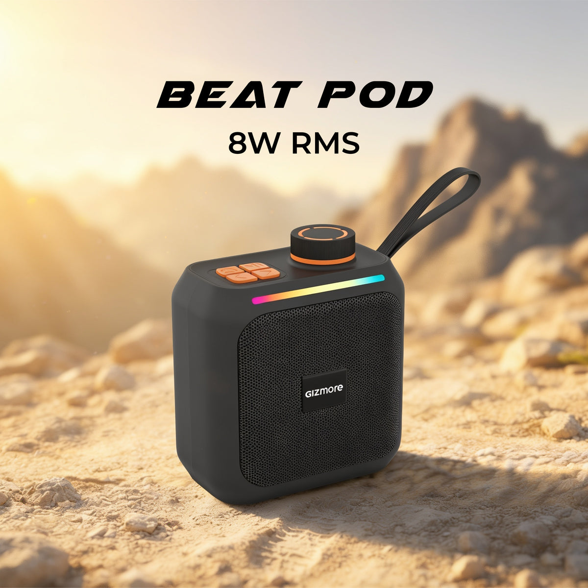 GIZMORE BeatPod 8W Bluetooth Speaker with Rubber Finish, Silicone Loop, TWS Pairing, Multiple Connectivity Options, Up to 4 Hours Playtime, Portable Design