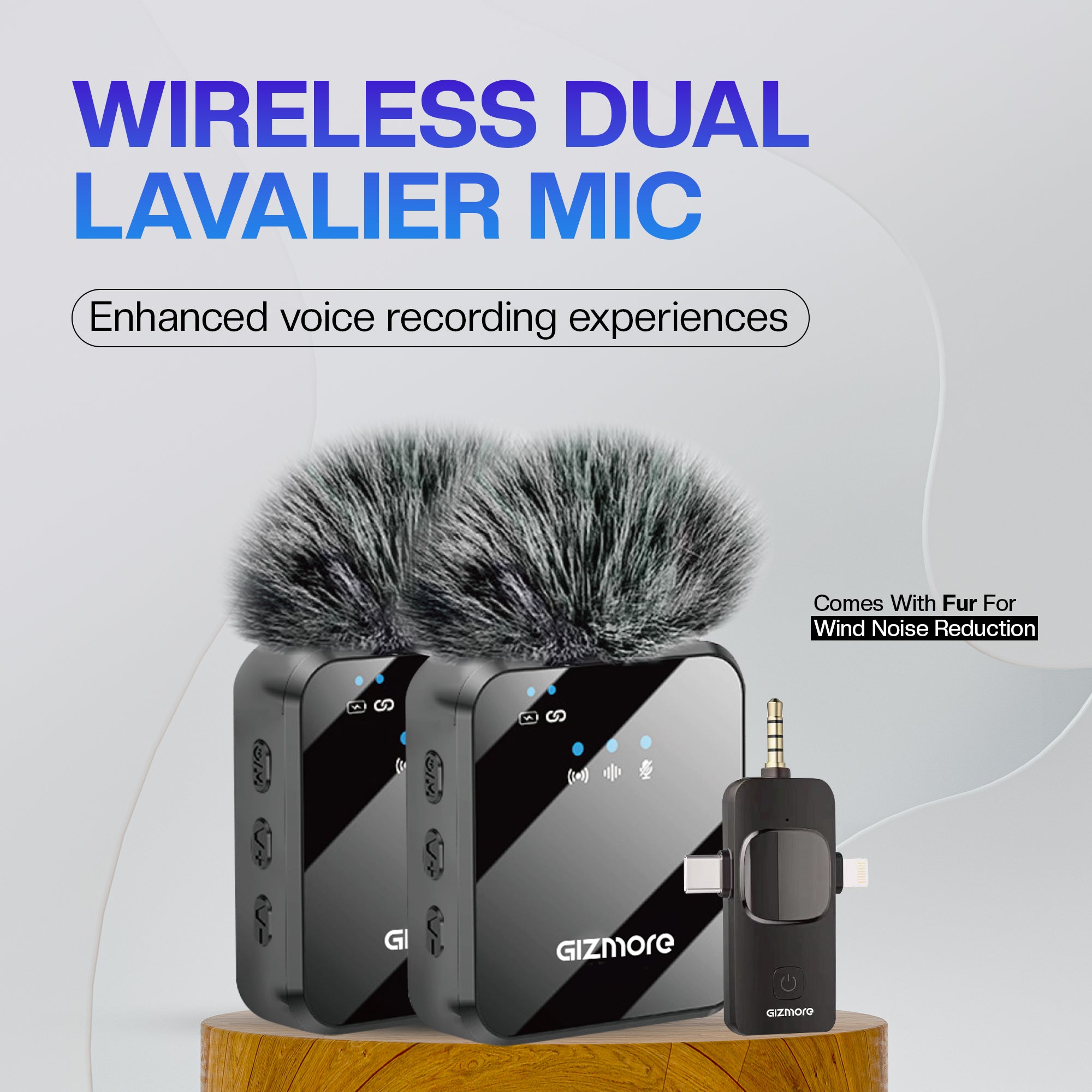 Gizmore Dual wireless mic with noise cancellation – Plug & Play, 30m Range, HD Sound Quality, Rechargeable Battery (Up to 15 Hours), Omnidirectional Pickup, Type-C Port/Lightning/3.5mm Jack, – Perfect for Live Shows, Interviews, Vlogs, & Short Videos
