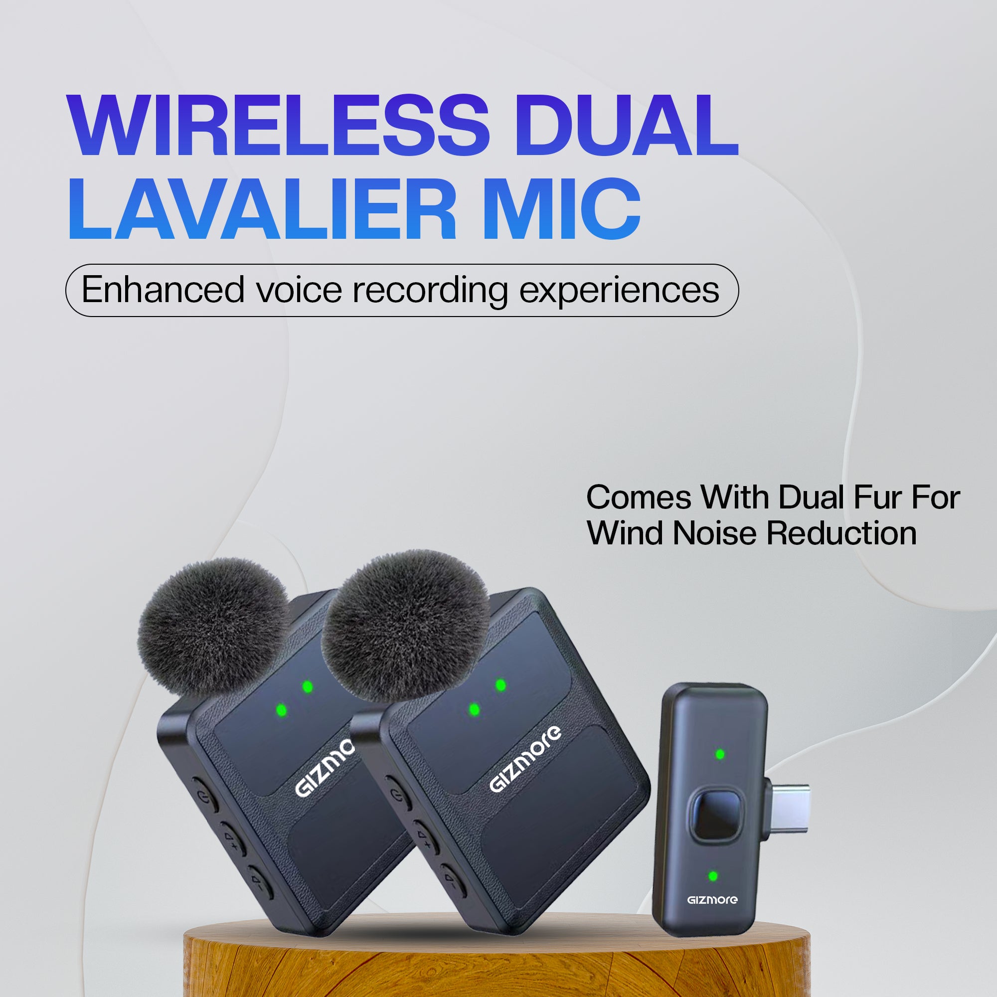 Gizmore Dual wireless mic with noise cancellation – Plug & Play, 30m Range, HD Sound Quality, Rechargeable Battery (Up to 15 Hours), Omnidirectional Pickup, Type-C connetivity, – Perfect for Live Shows, Interviews, Vlogs, & Short Videos