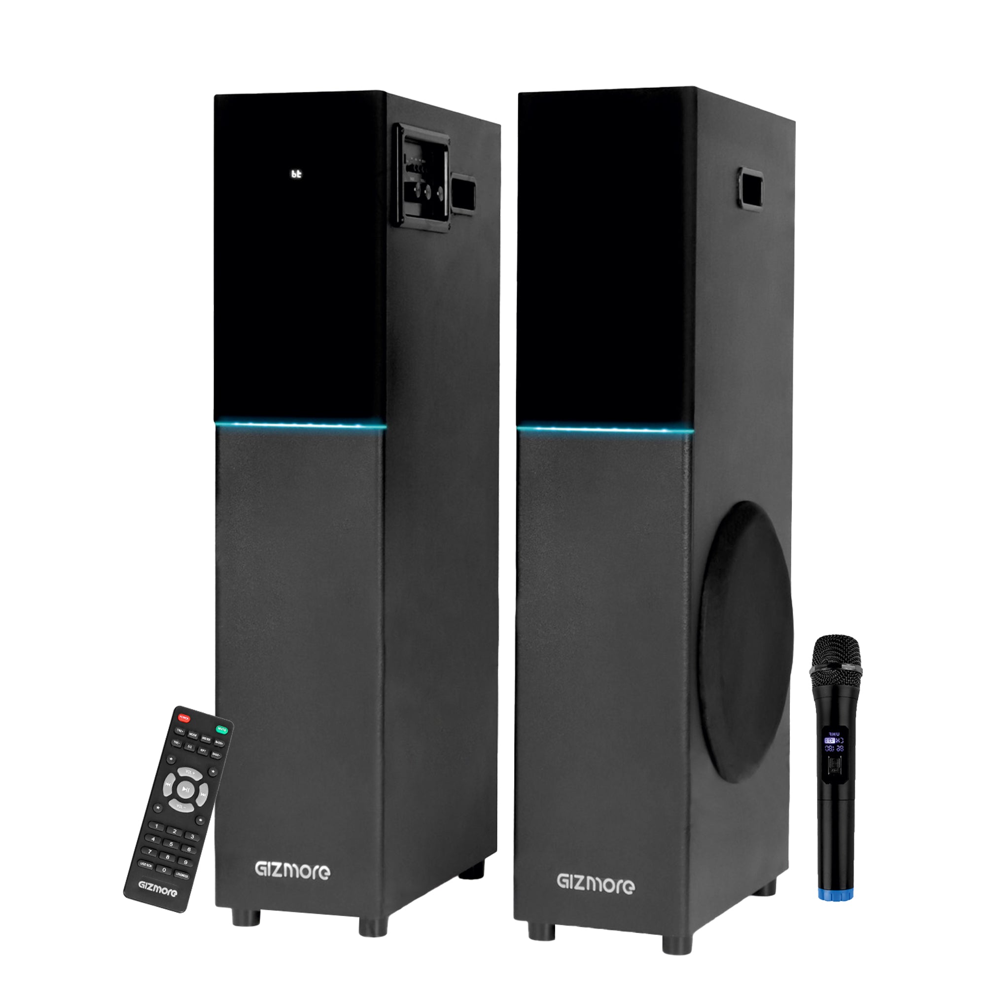 GIZMORE DT11500 120W Dual Tower Wooden Speaker with UHF Wireless MIC, Digital LED Display & RGB Lights, Volume & Bass Control, Karaoke and Party Speaker with Multiple Connectivity