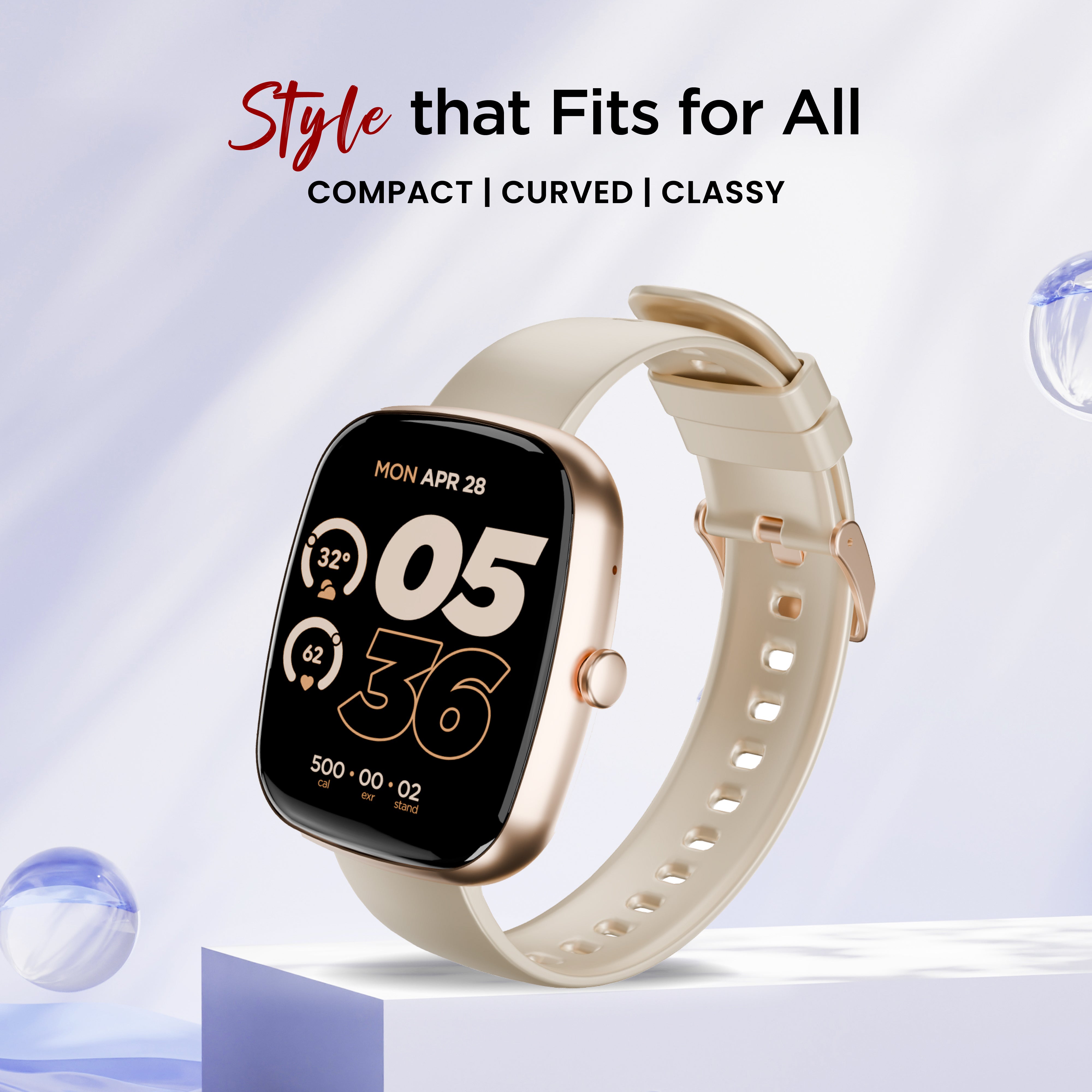 GIZFIT 942 CurveX Smartwatch with 4.64 cm Large Display, Hindi Language Support, Multi Sports Modes, Customizable Watch Faces, Zinc Alloy Body, Voice Assistant | Beige & Black