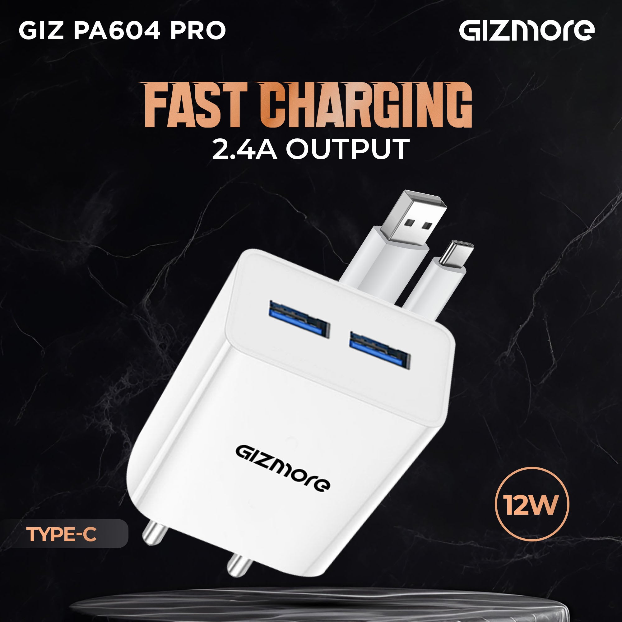 GIZMORE PA604C PRO 5V/2.4A Fast Charging Adapter with Inbuilt Type-C Cable