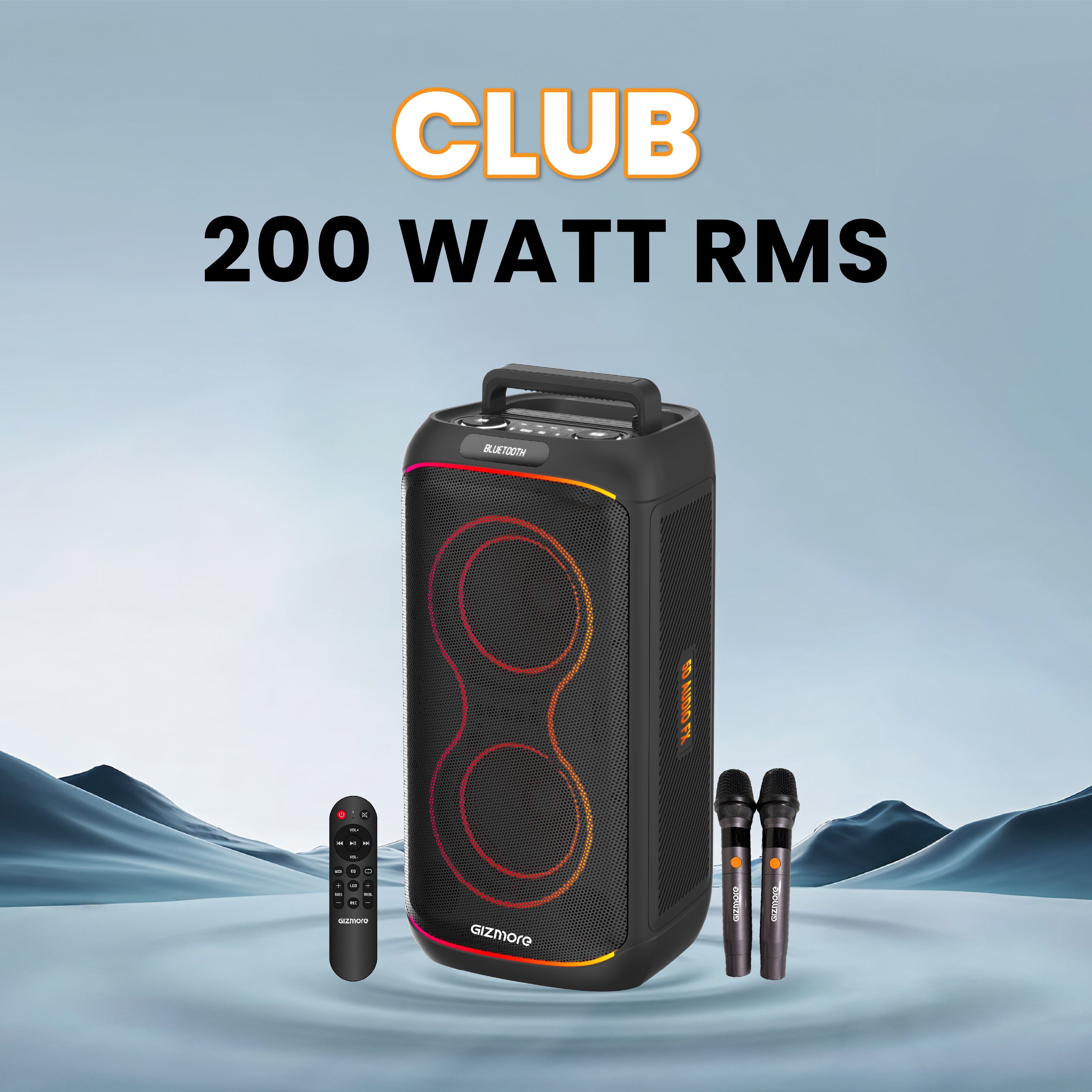 GIZMORE T200 CLUB 200W Thunder DJ Party Speaker with Dual Wireless Mic, RGB Lights, AC Charging, TWS Connectivity, Portable Bluetooth Speaker (White/Black)