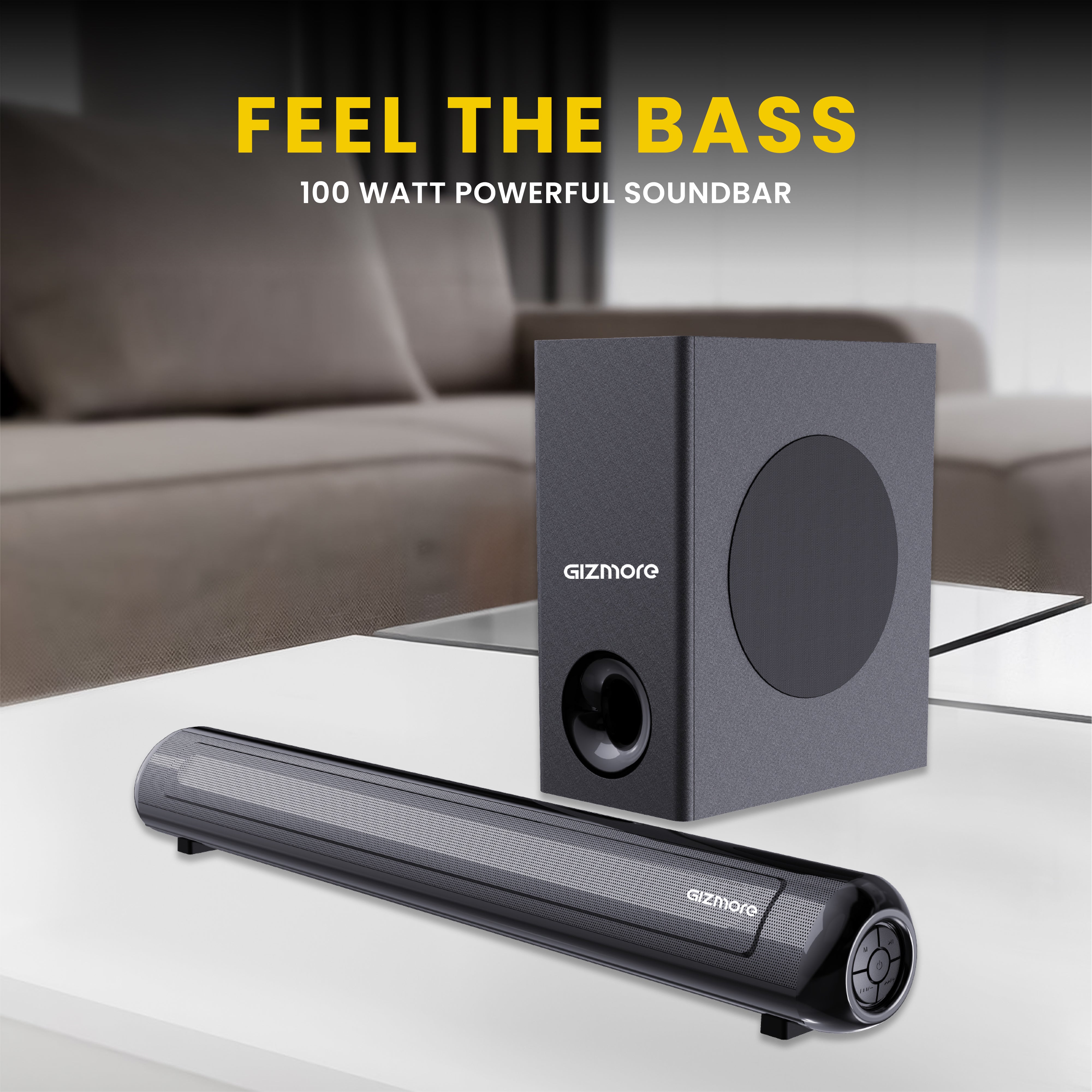 GIZBAR 100 – 2.1 Channel Soundbar with 100W Powerful Output | Multiple connectivity- HDMI ARC, AUX, USB, Optical | Remote Control | Multiple EQ Modes (Music, Movies, News, 3D) |Theater experience at home.