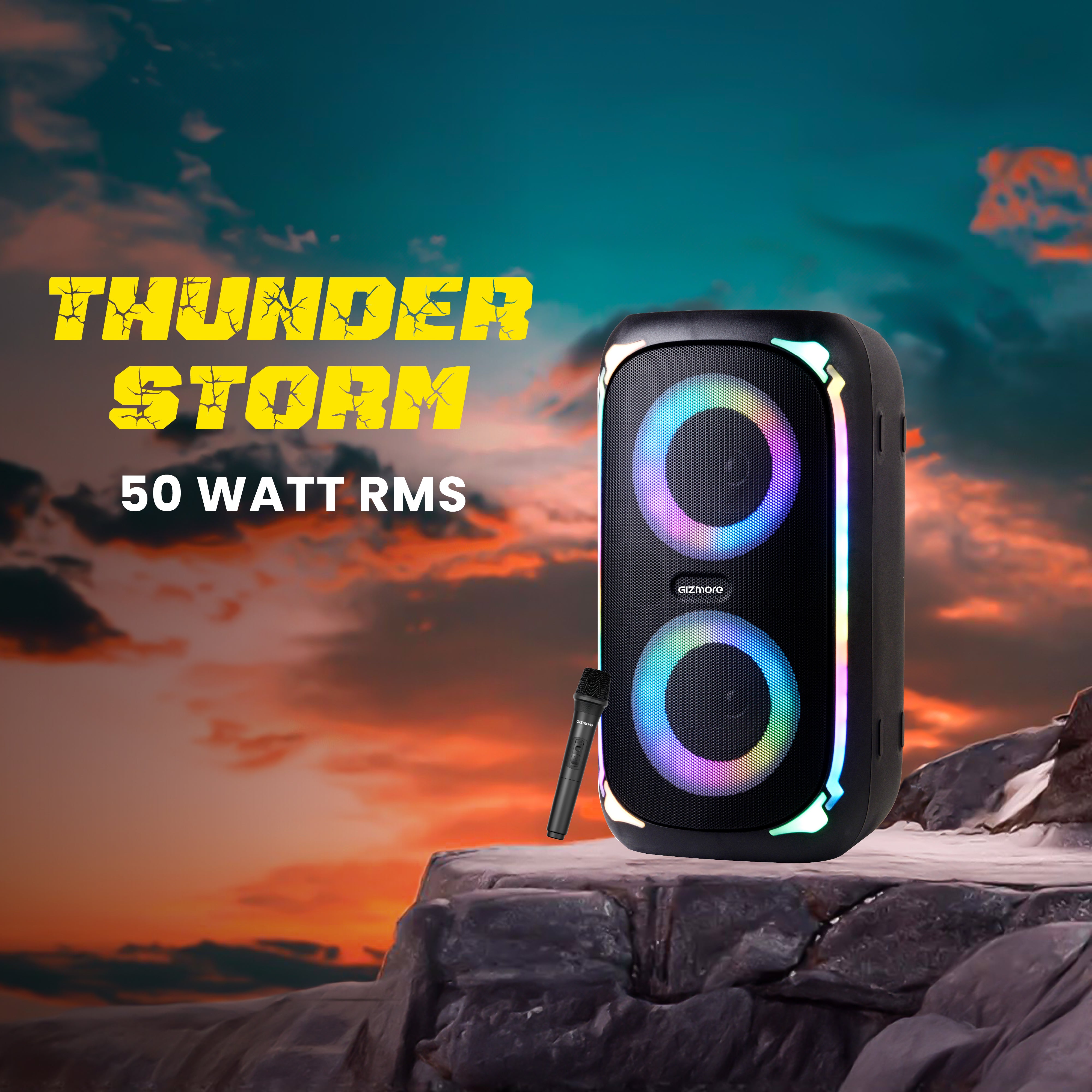 GIZ T100 Thunder Storm Bluetooth Speaker 50W, 4x2 Inch Drivers, Wireless Mic, RGB Lights, TWS Pairing, Multi Connectivity (BT/USB/AUX/TF), LED Display – Powerful Bass Party Speaker