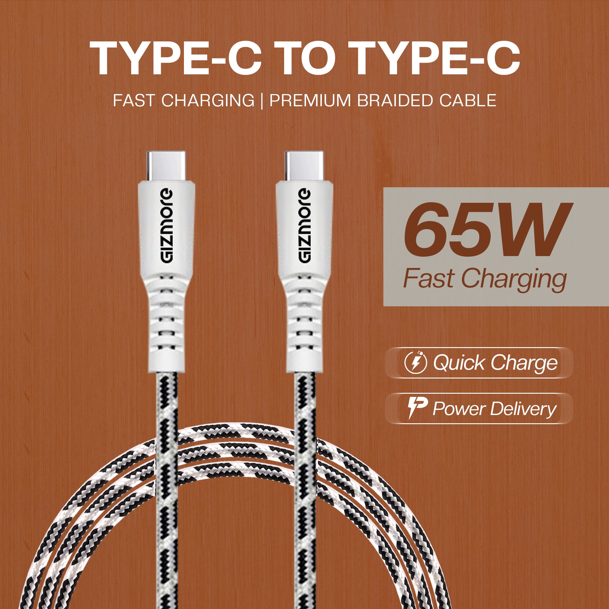 GIZMORE WCC65 Type-C to Type-C Fast Charging Cable – Premium Braided, 65W Output, 20000+ Bend Lifespan, Superior Copper Wire, 480Mbps Data Transfer, Charge & Sync Cable